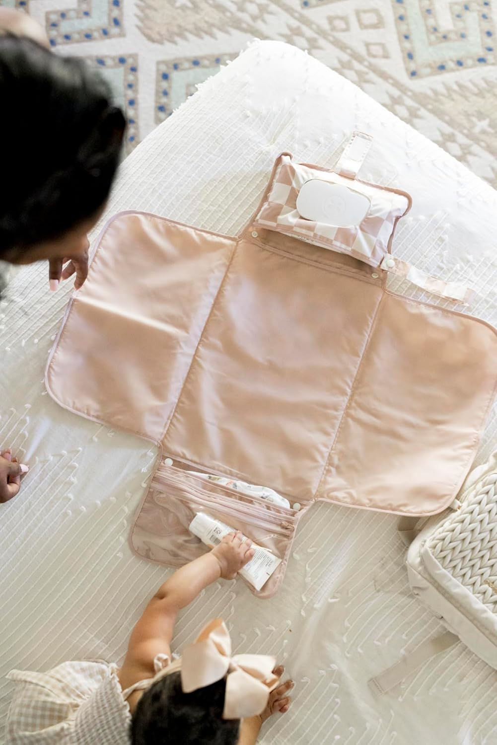 Tiny Twinkle Portable Diaper Changing Pad - Foldable Waterproof Diaper Changing Mat for Travel, Baby Changing Station with Smart Wipes Pocket & Storage (Beige Checkers) - Boho Rainbow image number 3