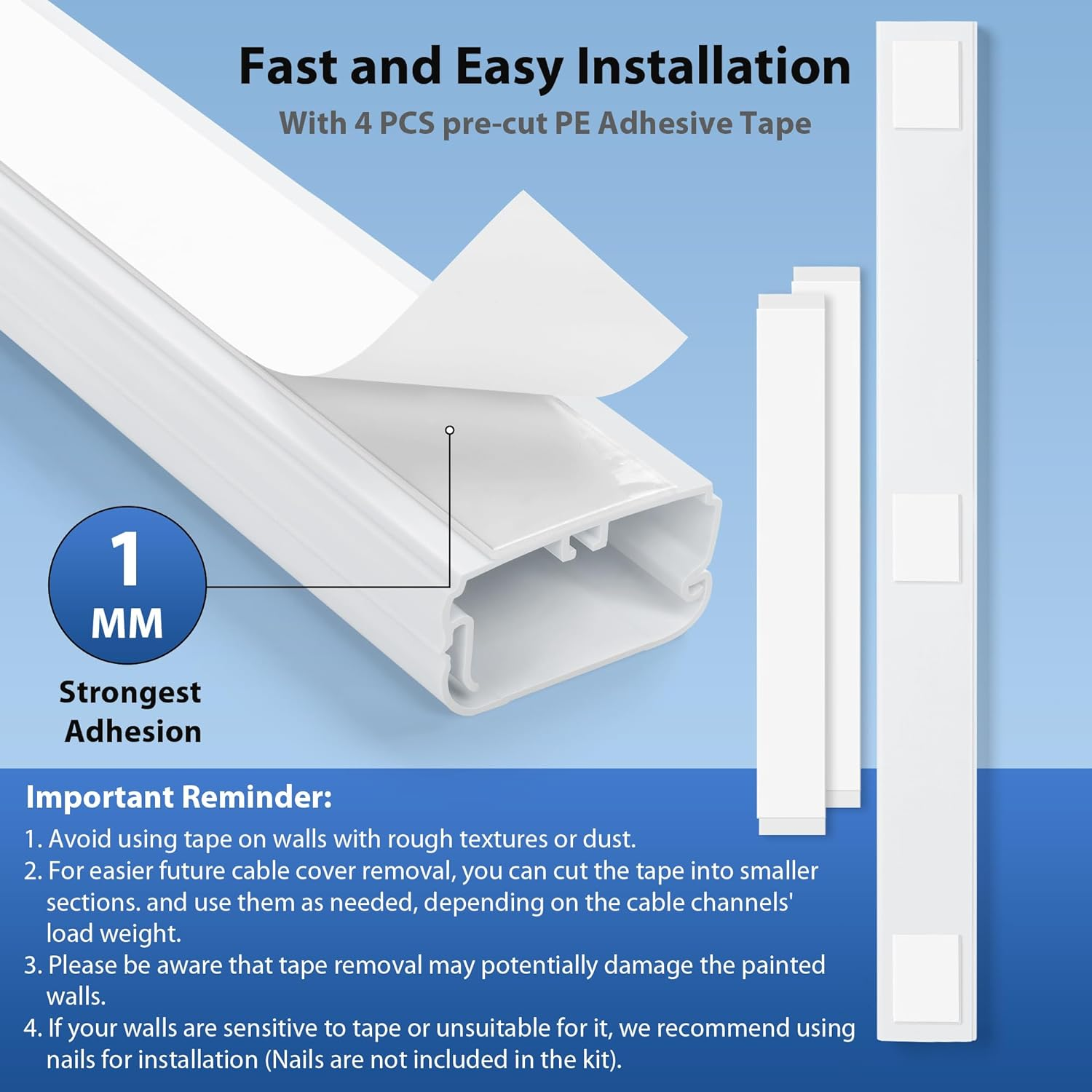 Zhiyo TV Cord Cover for Wall, 31.5 Inch Cable Concealer, Cord Hider for Wall Mounted TV, Paintable Wall Cable Cover to Hide Wires, White Cable Raceway Kit, 2X L15.8In W1.5In H0.75In image number 7