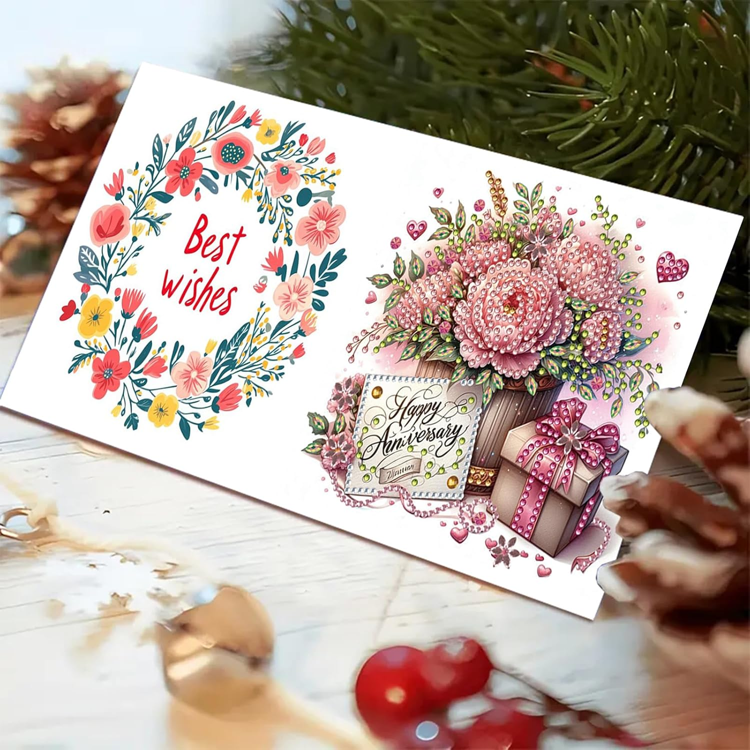 Awesocrafts 6Pcs Diamond Art Christmas Cards Kits Happy Birthday, Anniversary DIY Diamond Painting Cards Sets, 5D Crystal Art Card with Envelopes, Postcards for Handmade, Xmas 30 * 15Cm (Happy) - Flower image number 6