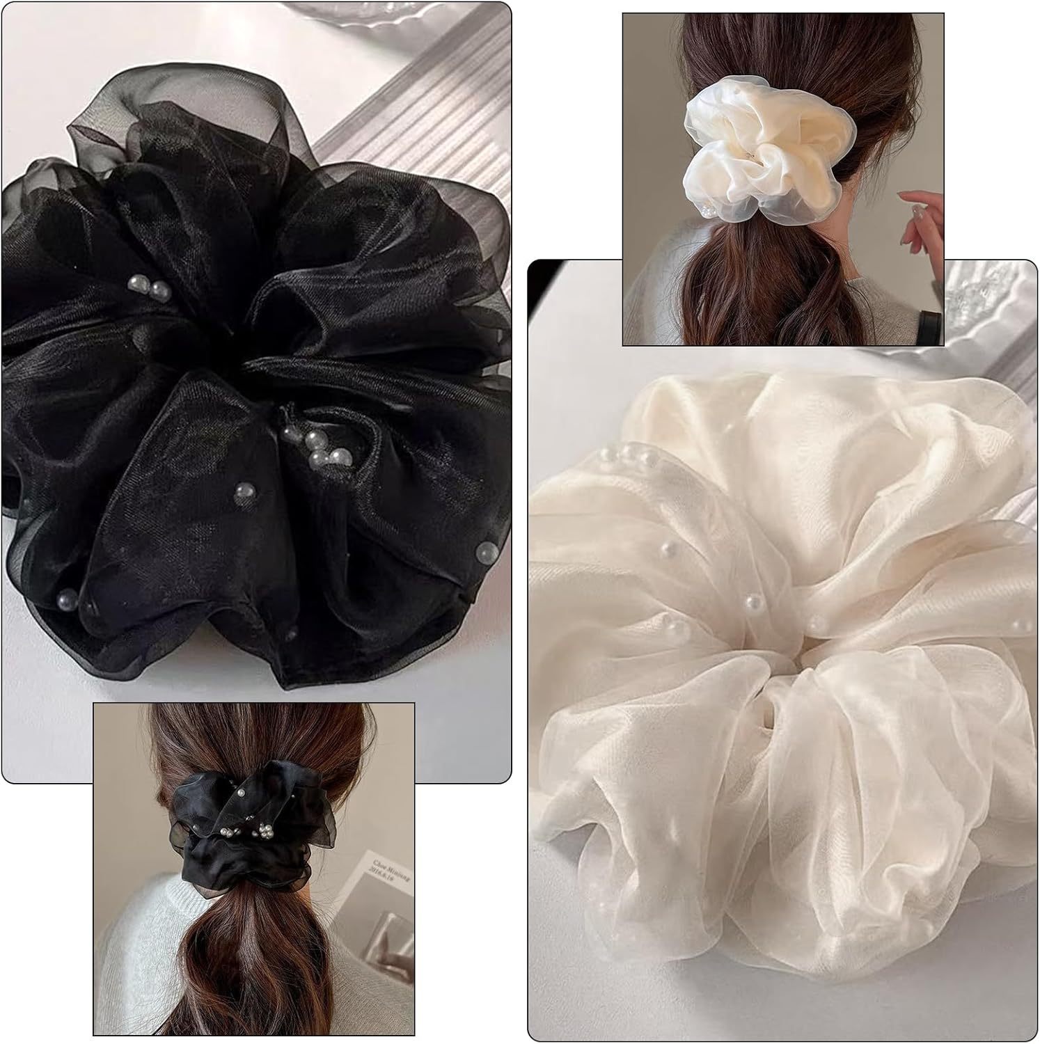 Pack of 4 Large Women'S Hair Bobbles, Hair Ties Made of Organza, Ponytail Holder Hair Band, Chiffon Hair Bands, Ponytail Holder Hair Band, for Women and Girls image number 2
