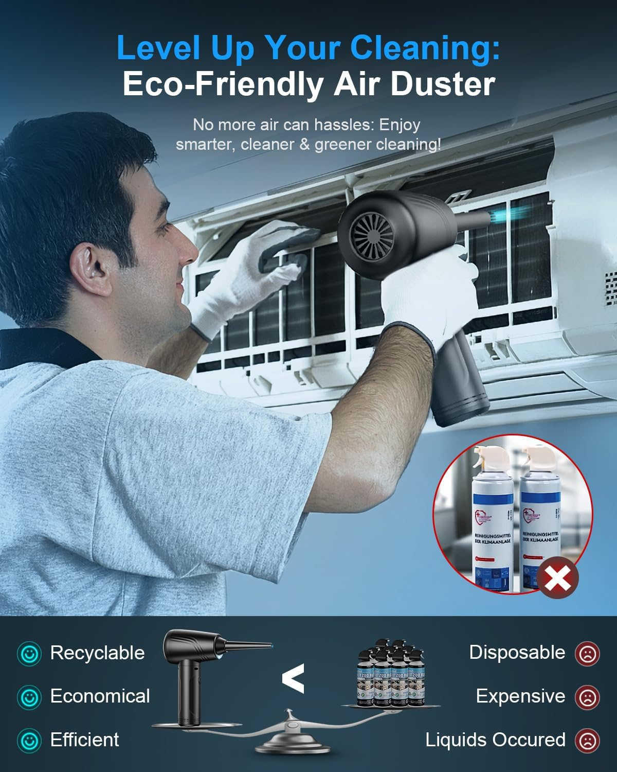 BANKKY Electric Air Duster: 3-Gear Adjustable 120000 RPM Compressed Air Duster with LED Light- Adjustable Rechargeable Jet Air Blower - 9000Mah Cordless Dust Blower for Computer, Keyboard and Car image number 6