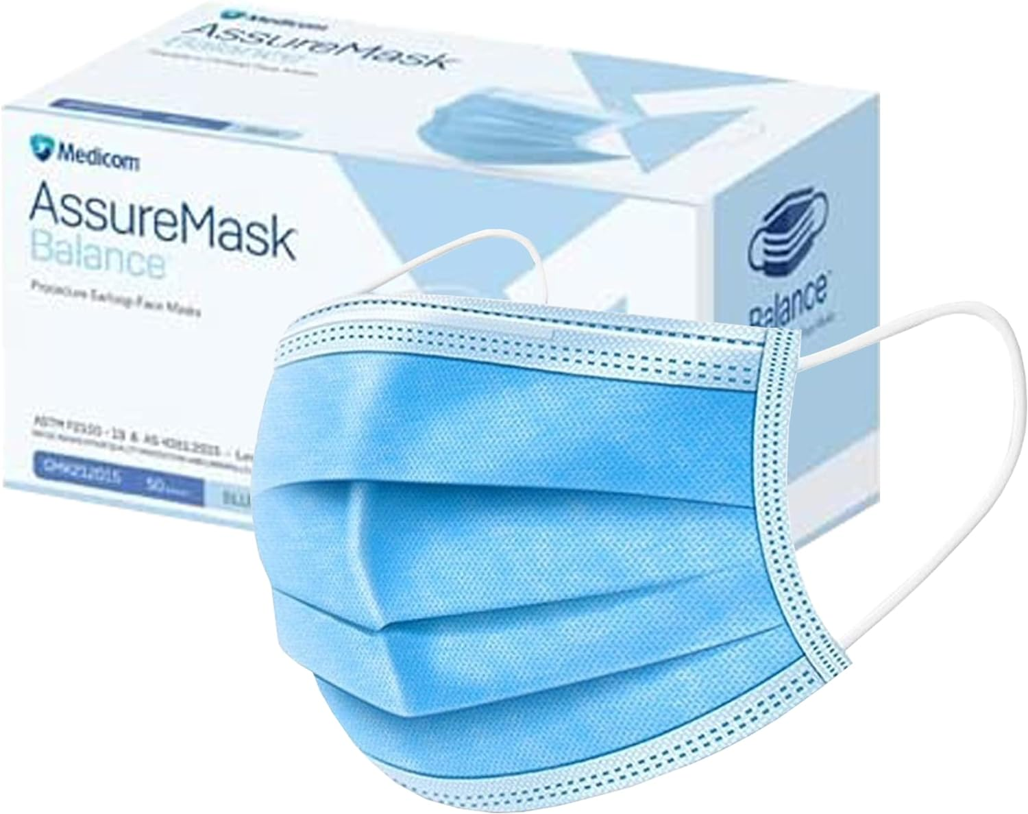 Assure Blue Disposable Face Masks - Pack of 50 Pcs - Surgical Blue Face Masks - Comfortable Nose/Mouth Coverings for Home & Office - Premier Earloop Mask image number 3