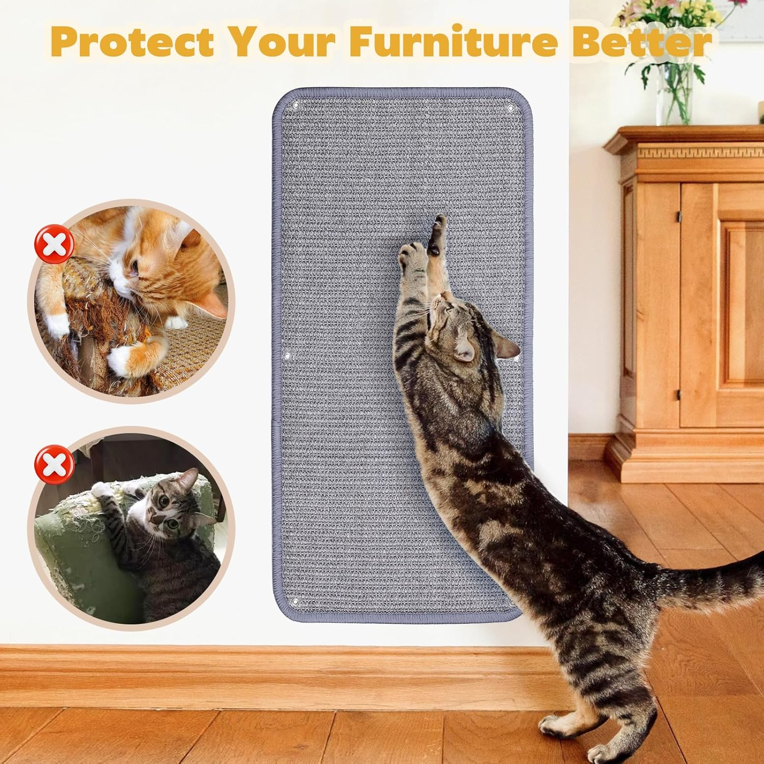 VABNEER Sisal Scratching Mat for Cat Wall Sofa, 60 X 30 Cm, Pack of 2, Grey Sisal Mat, Scratch Rug for Furniture Protection image number 6