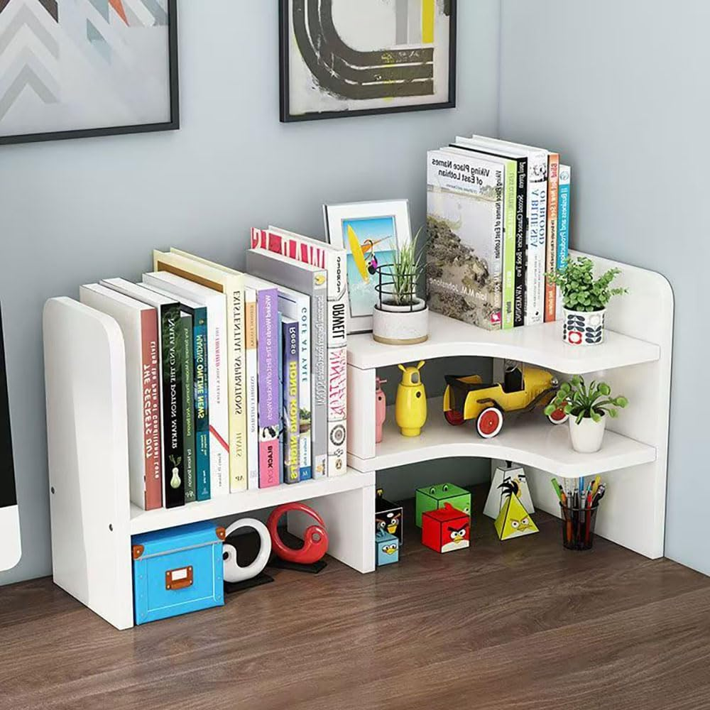 Hbluefat Corner Desktop Bookshelf Organizer, Adjustable Wood Tabletop Small Bookcase, Counter Top Display Storage Shelf/Rack for Home Office (White) image number 2