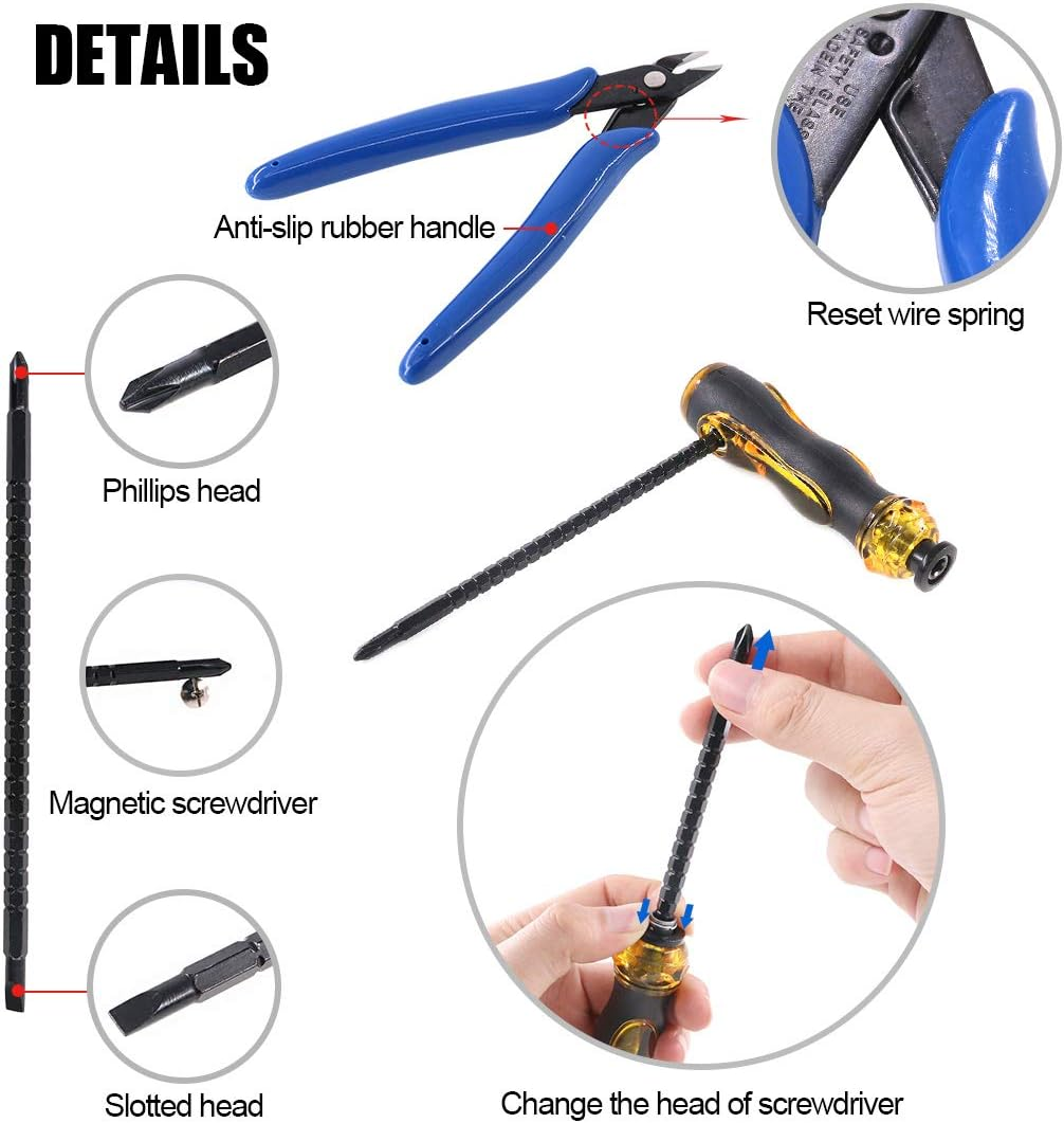 Glarks Coaxial Cable Tool Set, Coax RF Connector Crimping Tool + Coaxial Cable Stripper + BNC/UHF Crimp Male Connectors + Wire Cutter + Screw Driver for RG58, RG59, RG62, RG174 image number 3