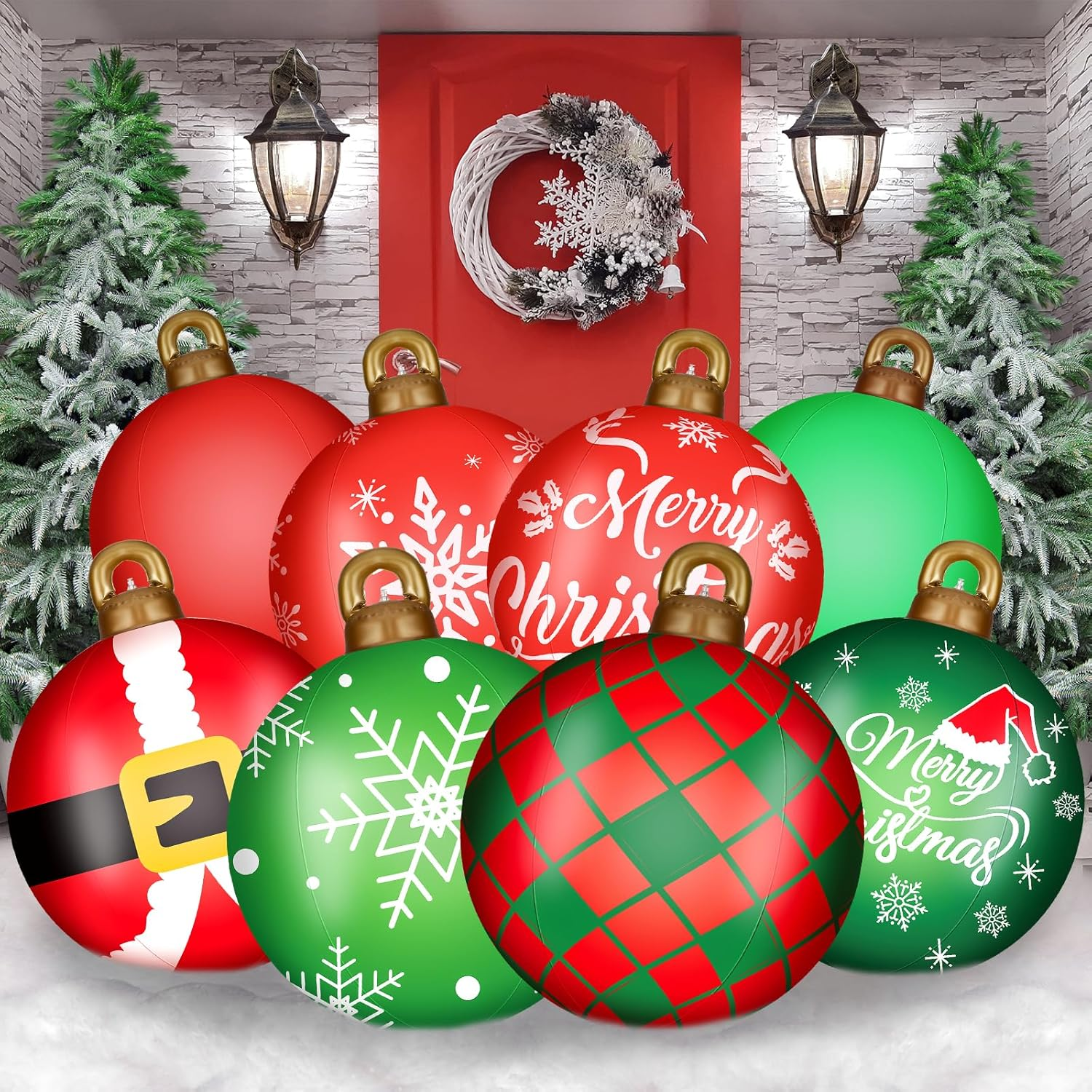 Jetec 32 Inch Giant PVC Inflatable Christmas Ball Ornaments Large Xmas Blow Ball Decorations Inflatables Outdoor Holiday Decorations Christmas Blow up Yard Decor(8 Pcs,Candy Pattern) image number 6