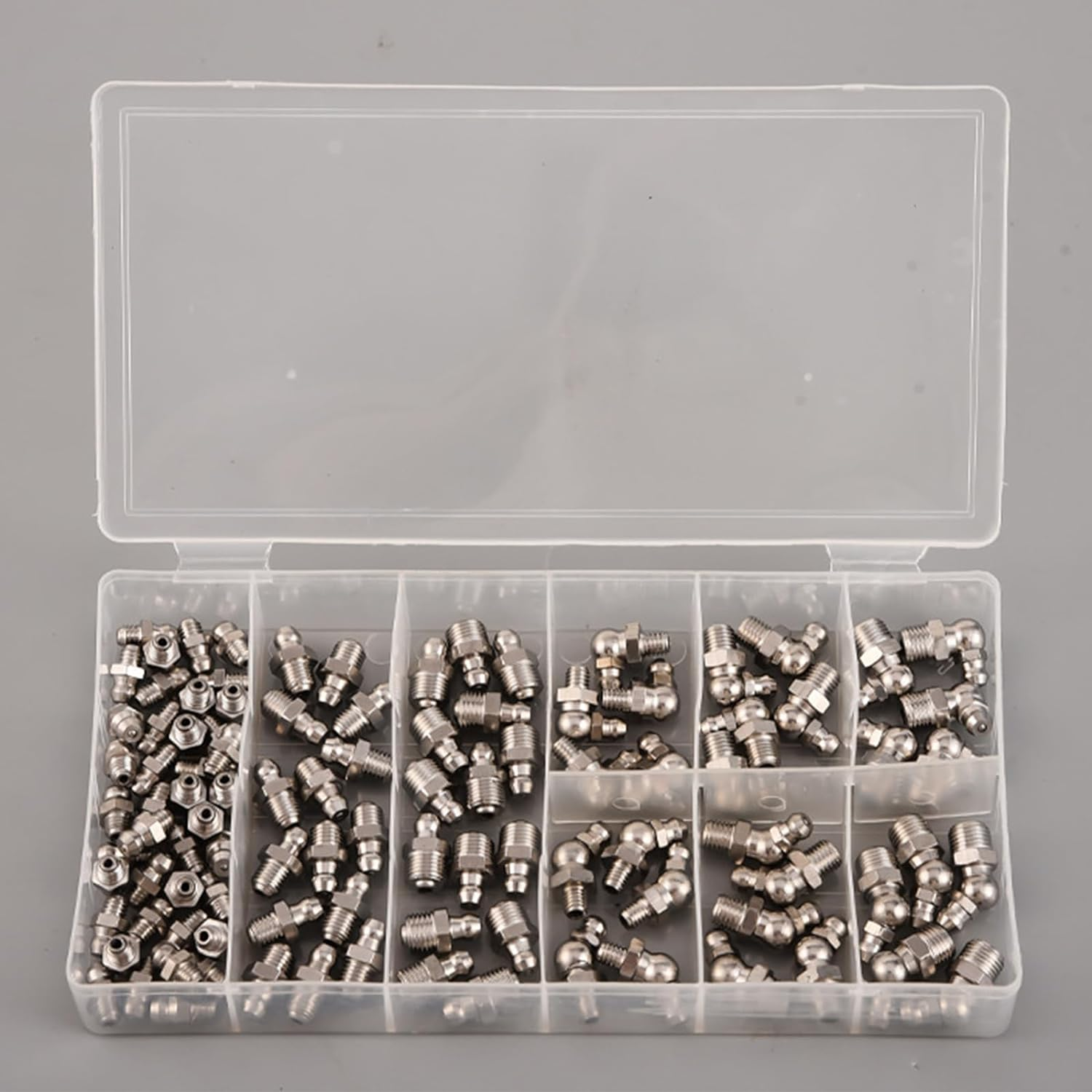 Acbbmns 220Pcs Metric & Imperial Hydraulic Grease Nipple Assortment Kit 1/4" 1/8" M6 M8 M10 Straight 45 Degree 90 Degree Angled Galvanized Steel Grease Fitting Set image number 6