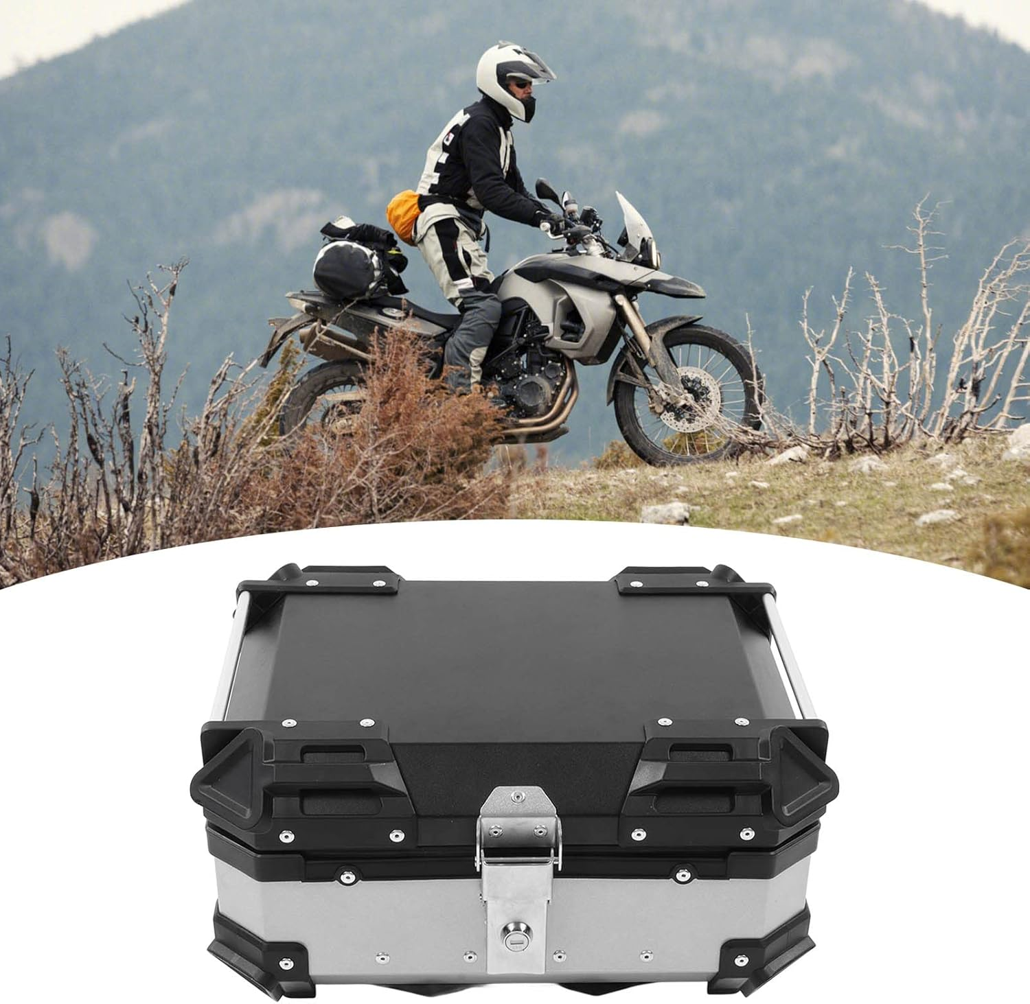 Motorcycle Luggage Box, High Strength Shockproof 25L Large Capacity Motorcycle Tail Case with Removable Base for Motorbike (Silver) image number 2