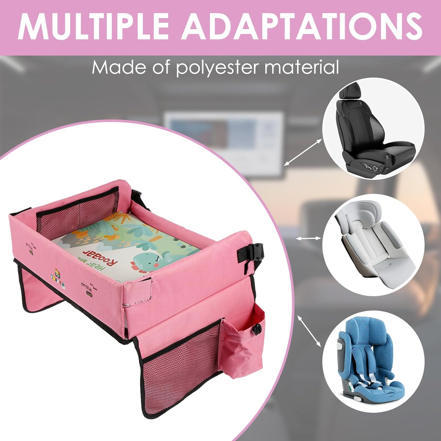 Kids Traveling Tray for Toddler Car Seat, Versatile Car Seat Tray, Stable Carseat Table Tray, Detachable Lap Tray for Car Seat, Toddler Road Trip Essentials Accessories for Airplane Car Auto - Pink image number 3