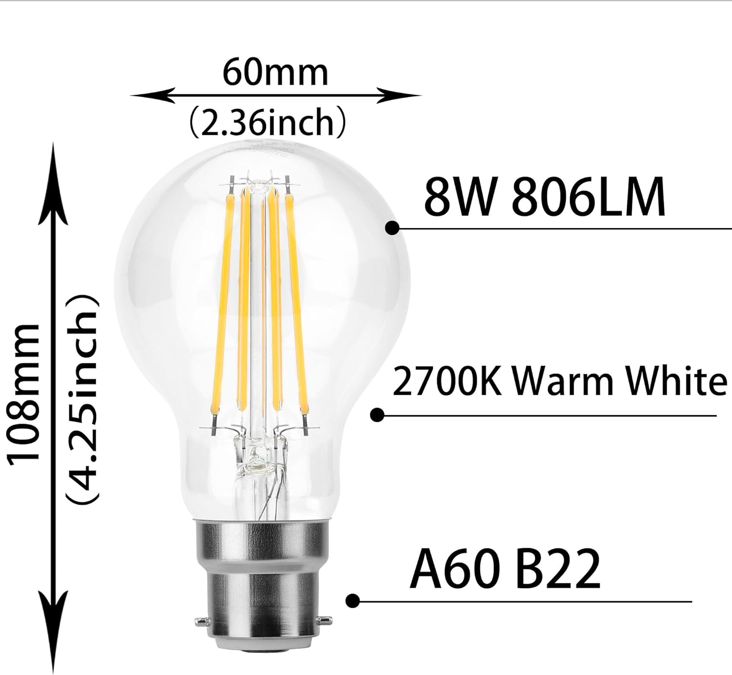 Geminilite B22 LED Light Bulbs Bayonet, Vintage Filament LED 8W = 80W Incandescent Replacement, A60 B22 2700K Warm White LED Bayonet Retro Filament Lamps, Not Dimmable, 6 Pack image number 1