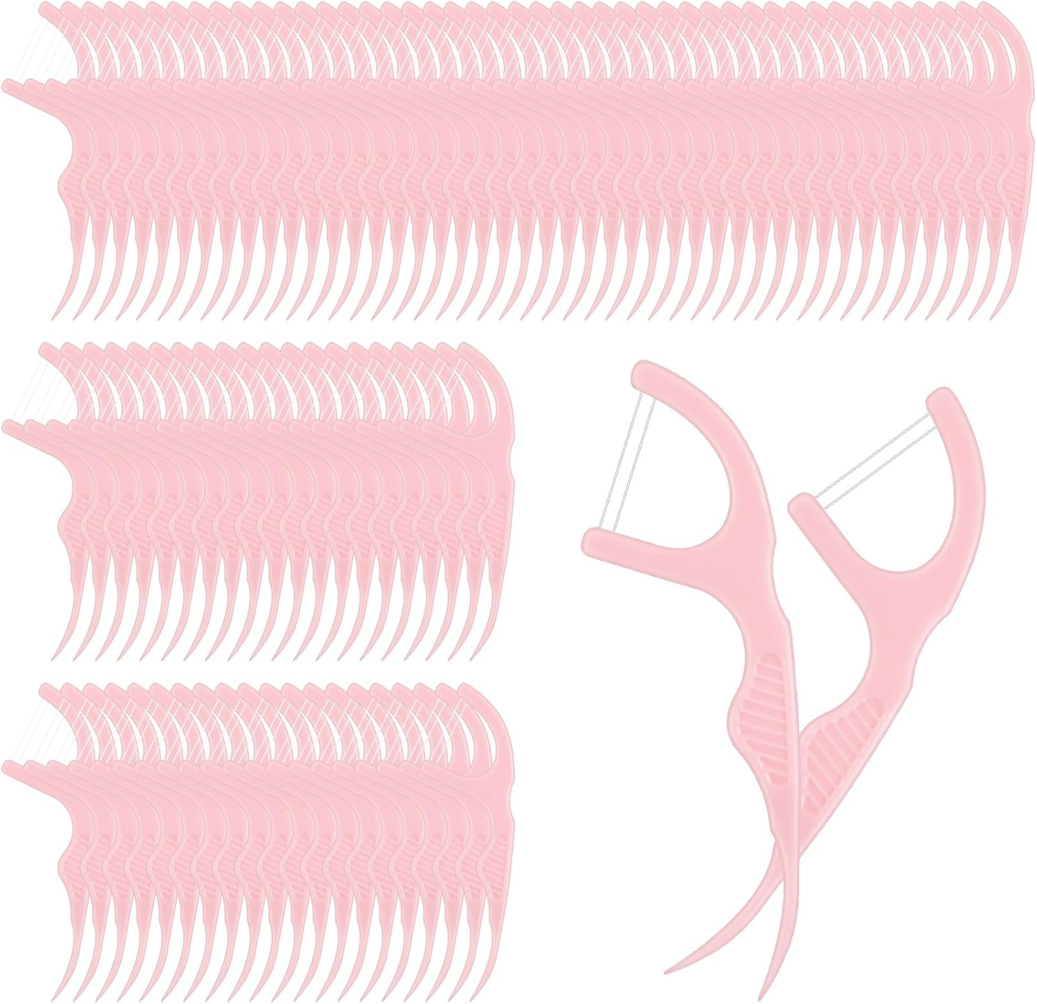 Baderke 100 Count Dual Line Floss Picks Dental Floss Sticks Bulk Non Breakable Toothpicks Double String Tooth Picks Flossers for Adults Teeth Cleaning Family Travel(Pink)