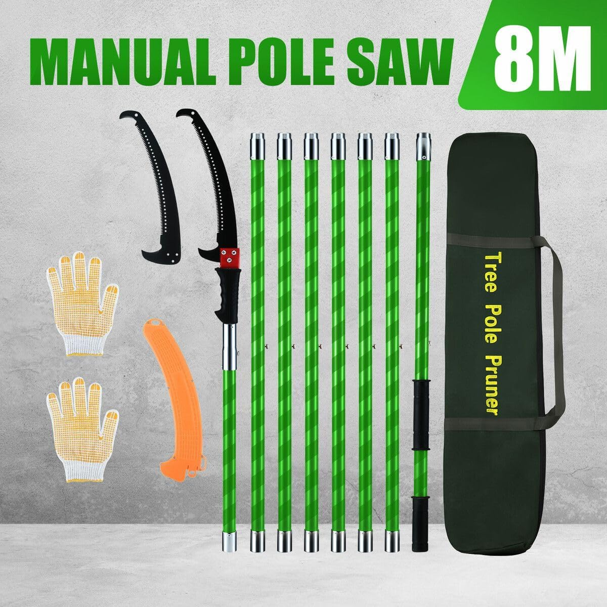 AUSWAY Manual Pole Saw Tree Pruner Extendable Pruning High Branch Trimmer Cutter 8M Trimming Long Handsaw Sharp Steel Blades Shearing Fibreglass Rods Tools