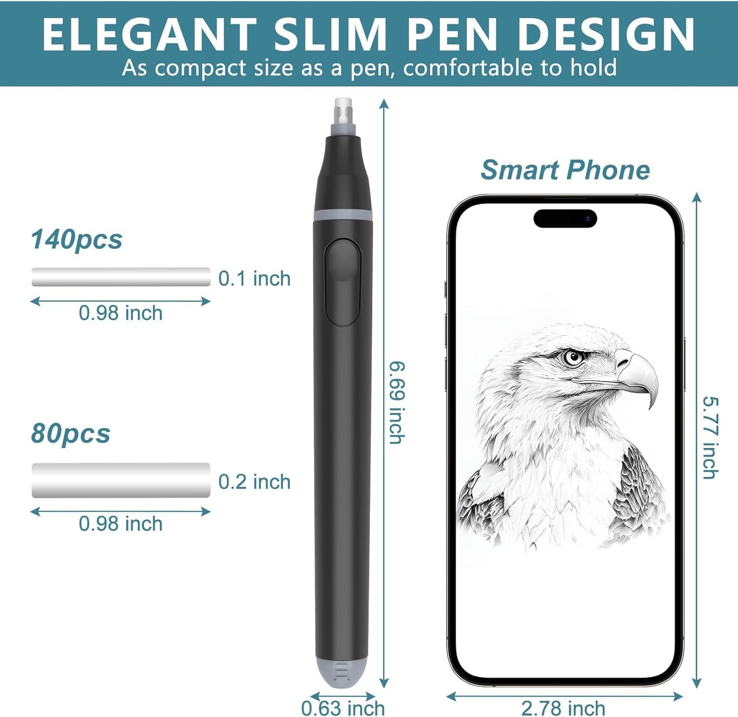 Electric Eraser with 220 Refills (80X5Mm+140X2.3Mm) Battery-Powered Automatic Pencil Eraser Dual-Size Eraser Tips (2.3Mm & 5Mm) for Artists Students Sketching Engineers Includes Cleaning Brush (Black) - Rechargeable-Black image number 6