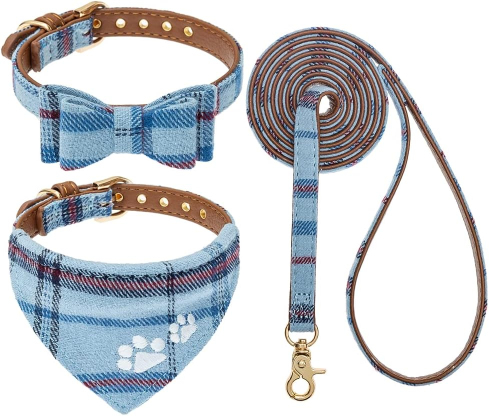 EXPAWLORER Dog Collar and Leash Set - Pawprint Plaid Collar with Bow Tie and Bell, Cute for Dogs and Cats, Blue S-M