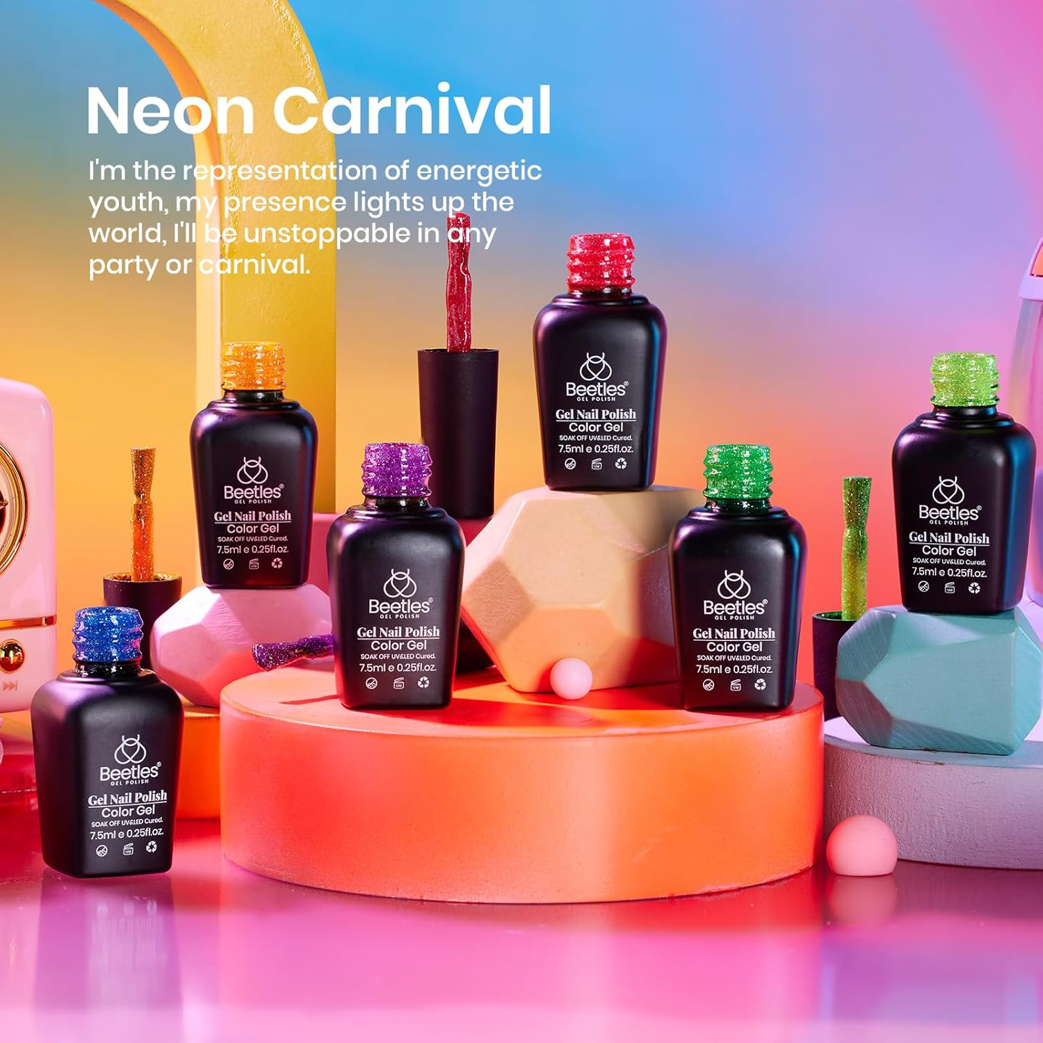 Beetles Gel Polish Reflective Glitter Gel Polish Set 6 Colors Neon Gel Nail Polish Set Nails Gel Orange Hot Pink Purple Gel Polish Soak off Uv Led Gel Nail Kit Nails Nail Art Manicure Women Pink image number 6