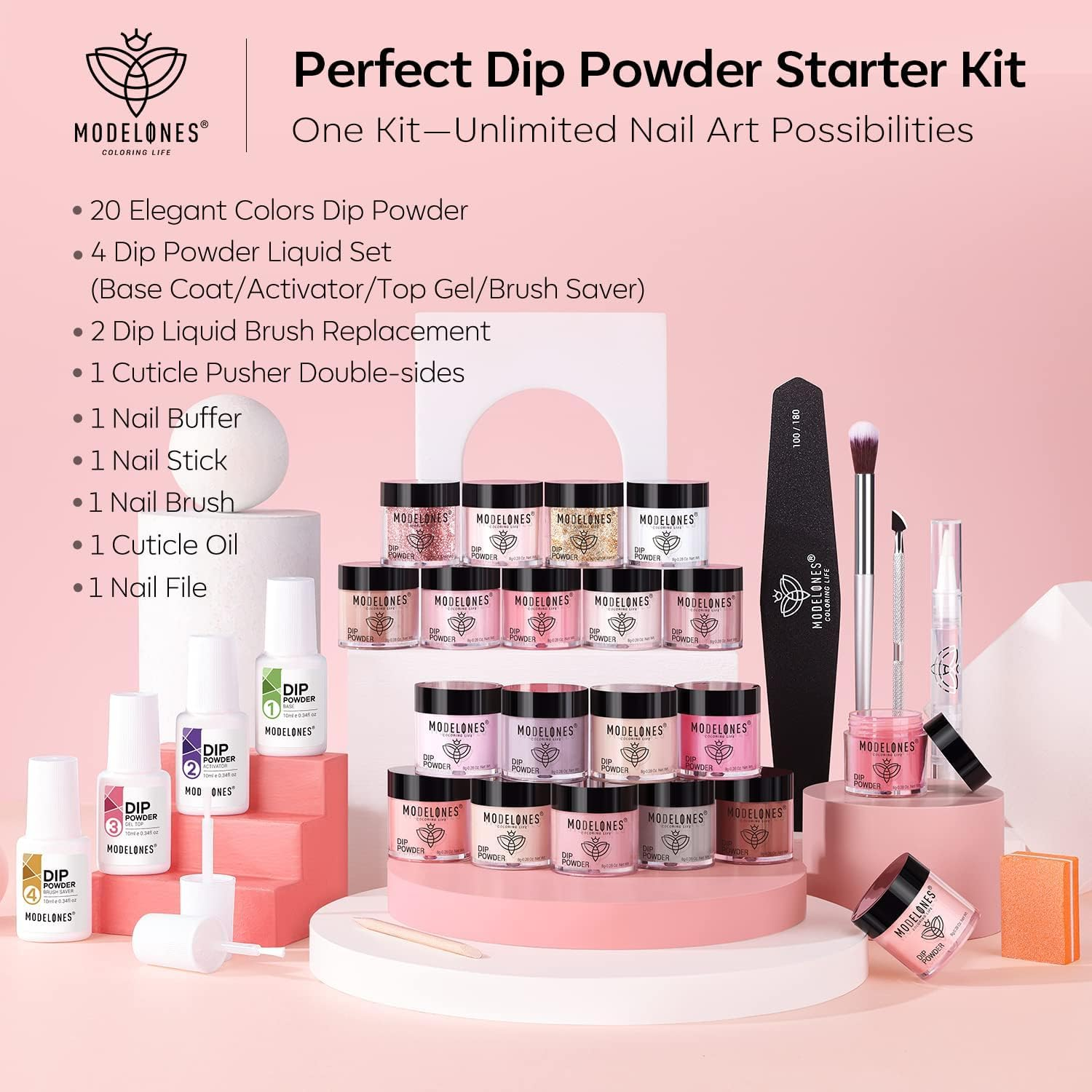 Modelones 32 Pcs Dip Powder Nail Kit Starter, 20 Colors Nude Pink Skin Tone Glitter All Seasons Dipping Powder Essential Liquid Set with Base Top Coat Activator for French Nail Art Manicure DIY Salon All-In-One Beginner Kit Gift