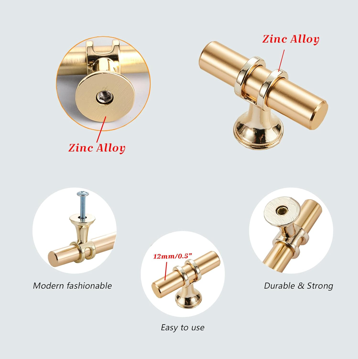 Ymaiss 12 Packs Cabinet Knobs T Bar Kitchen Dresser Knobs Drawer Pull Handles Single Hole Knobs Hardware for Drawer Dresser Cupboard Wardrobe (Gold) image number 5