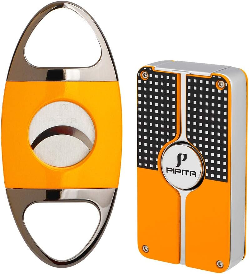 PIPITA Torch Lighter Gift Set,Windproof Triple Jet Blue Flame Torch Lighter with Punch and Cutter Set, Refillable Buntane Gas Lighters (Without Gas) (Silver) image number 1