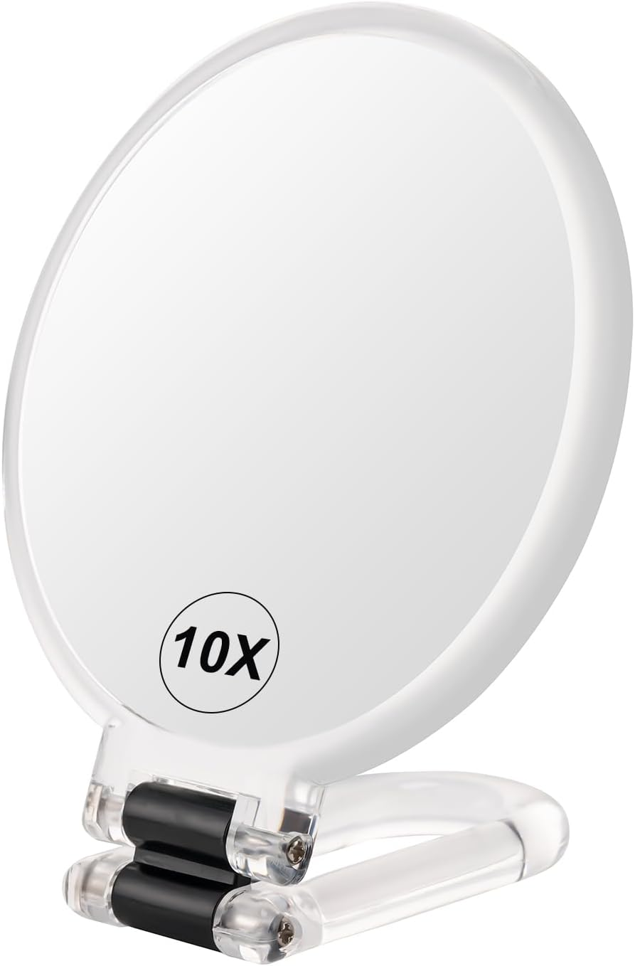BOOMIBOO 1X/10X Magnifying Handheld Mirror Double Sided, Foldable Travel Makeup Mirror, Adjustable Rotation Pedestal Hand/Hanging/Desk Vanity Mirror-Clear