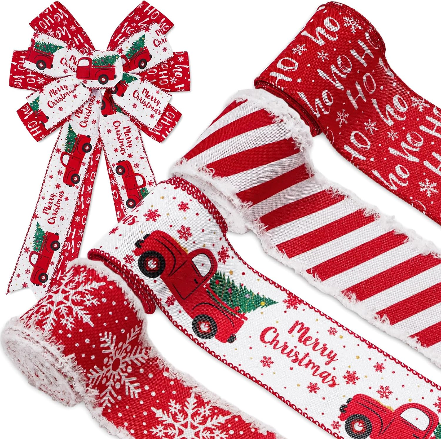 Anydesign 24 Yards Christmas Wired Edge Ribbon Red White Xmas Snowflake Truck Fabric Craft Ribbon for Wreath Bow Making Gift Wrapping, 4 Roll