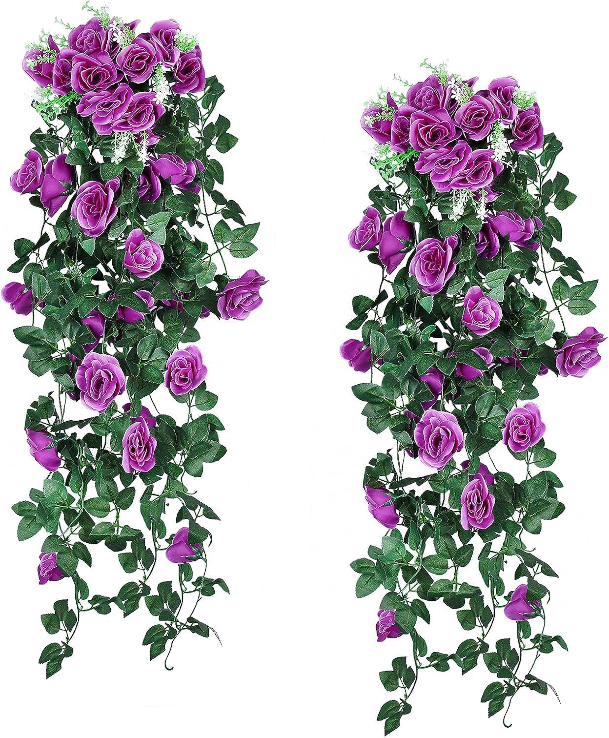 JLHOUSE AU7040-4 Artificial Hanging Rose Plants Fake Rose Flowers Faux Ivy Hanging Vines Wall D&eacute;cor Wedding Home Garden Decoration (Purple)