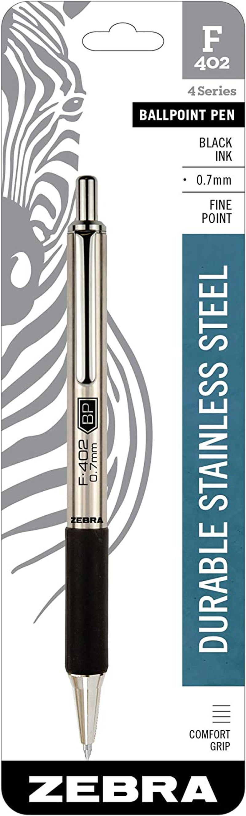 Zebra Pen F-402 Retractable Ballpoint Pen, Stainless Steel Barrel, Fine Point, 0.7Mm, Black Ink, 2-Pack