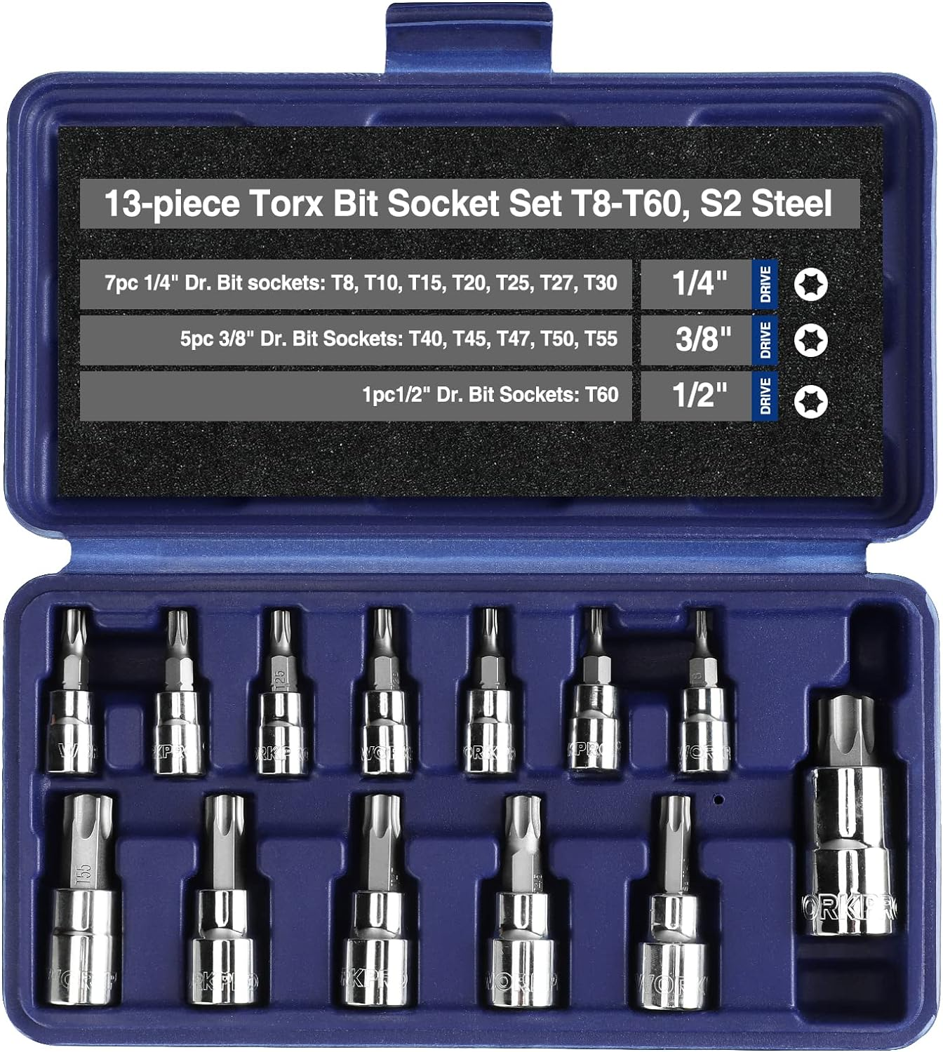 WORKPRO 13-Piece Torx Bit Socket Set T8-T60, 1/4", 3/8" and 1/2" Drive, S2 Steel 6 Point Star Bits and CR-V Sockets with Storage Case for Hand Use Work on Cars, Trucks image number 2