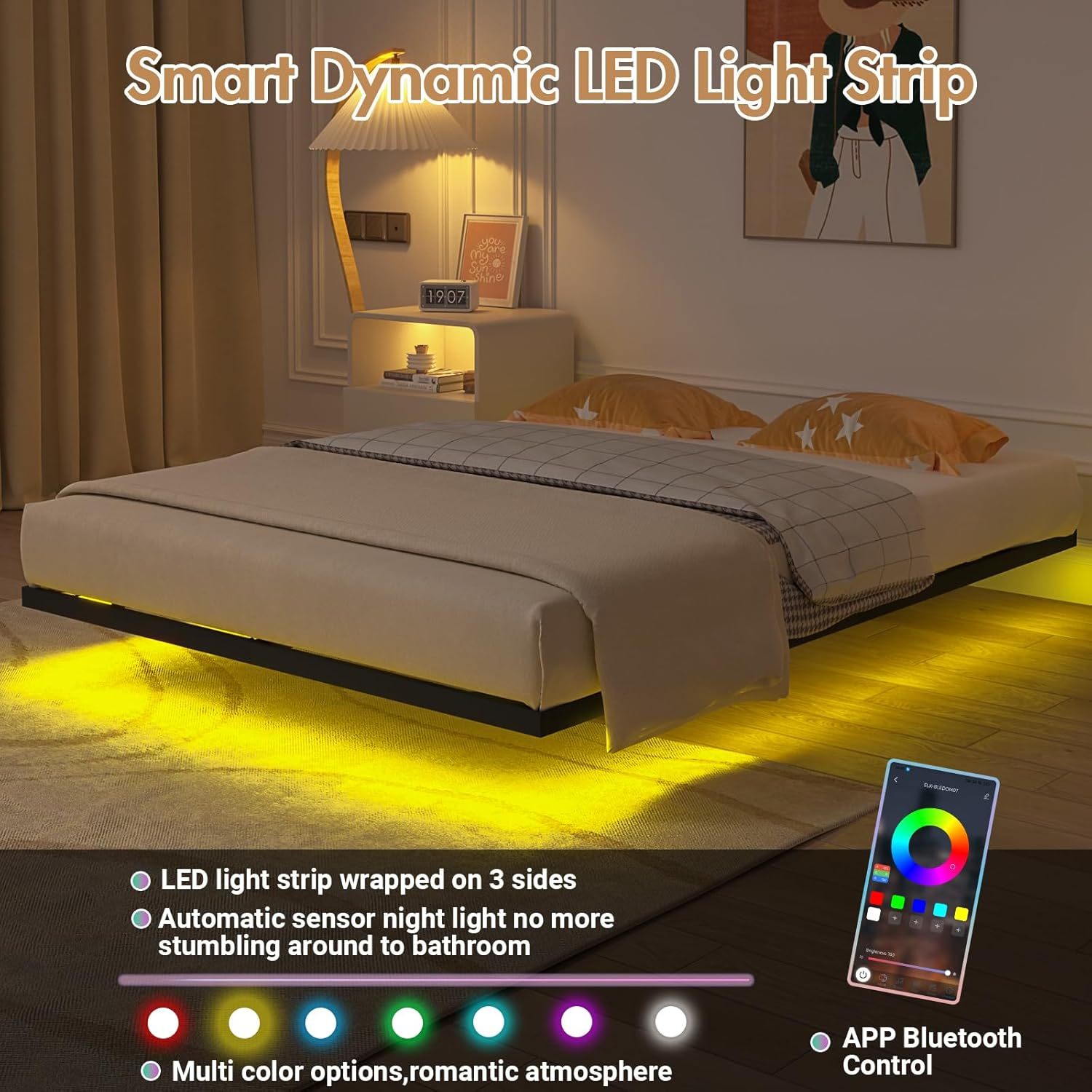 Advwin Floating Bed Frame with LED Lights, Metal Platform Bed Frame with Heavy Duty Steel Slats Black, No Box Spring Needed (Double Size) image number 3