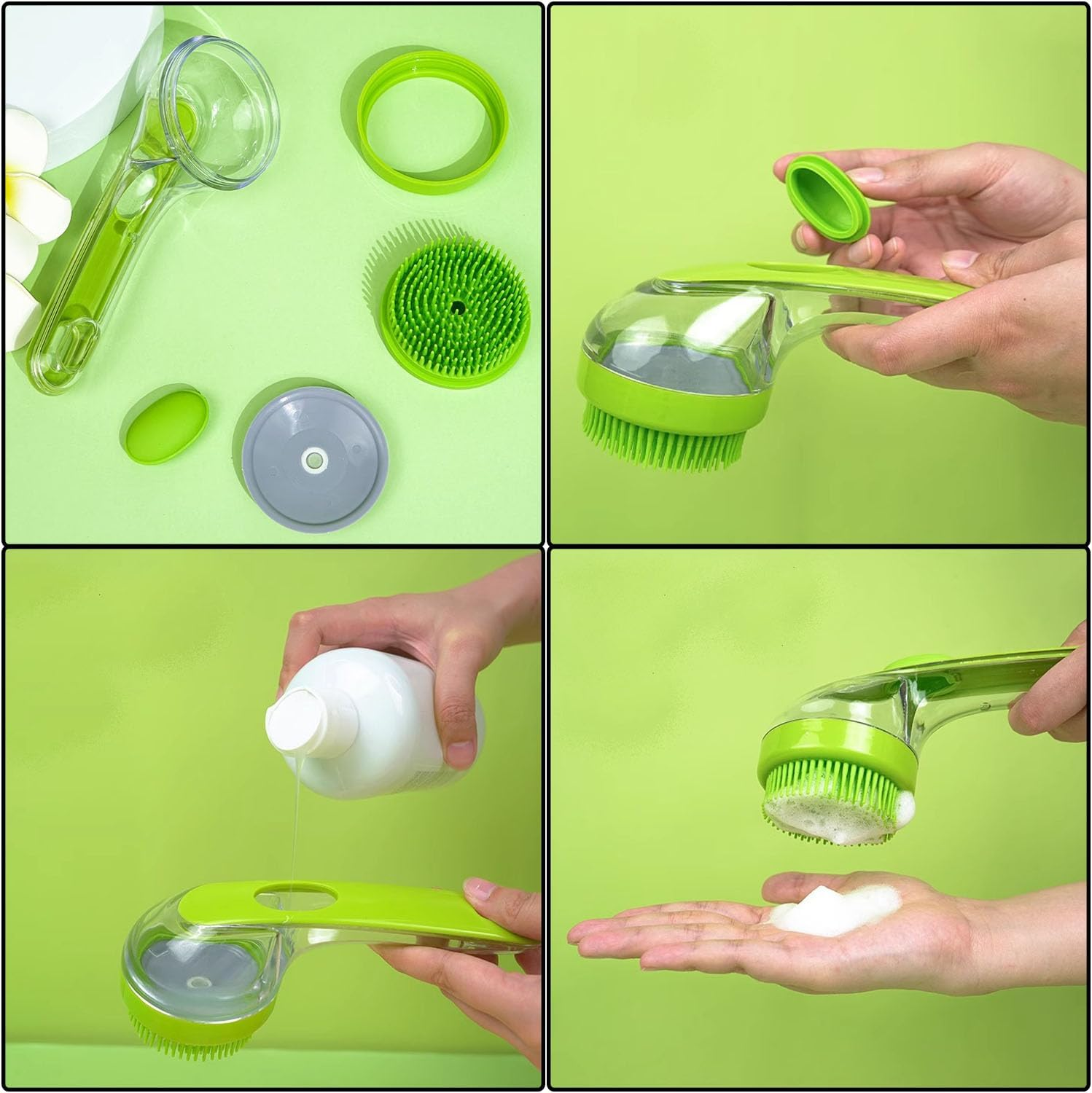 4 Pcs Dog Bath Brush Set - Shampoo Brush & Bubble Maker with Adjustable Handle, Dog Grooming Brush, Paw Washer & Massage Grooming Tool for Short/Long Hair Dogs & Cats (Green) image number 1