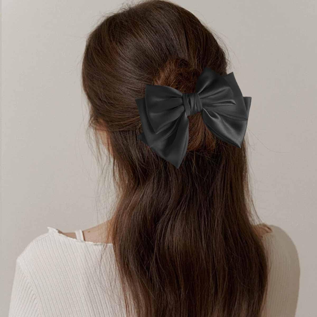 4 PCS Hair Bows for Women Girls Oversized Bow Hair Clips Black White Long Tail Hair Ribbon Metal Spring Clips Vintage Silky Satin Barrettes Ponytail Headdress French Large Bowknot Hair Accessories image number 2