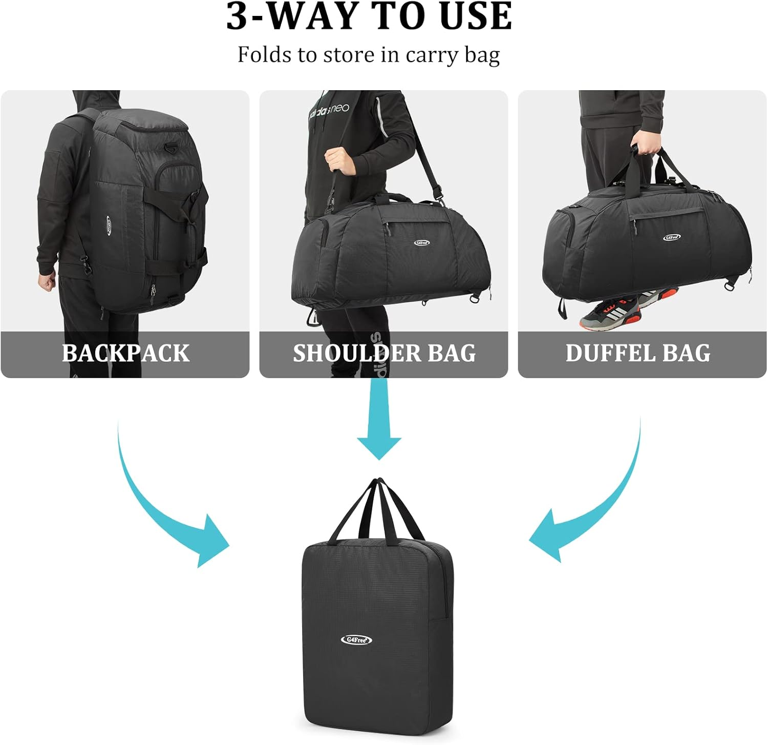 G4Free 70L Large 3-Way Duffle Backpack Gym Sports Duffel Bag Shoe Compartment, Black, 70 L, Compact - Green image number 4