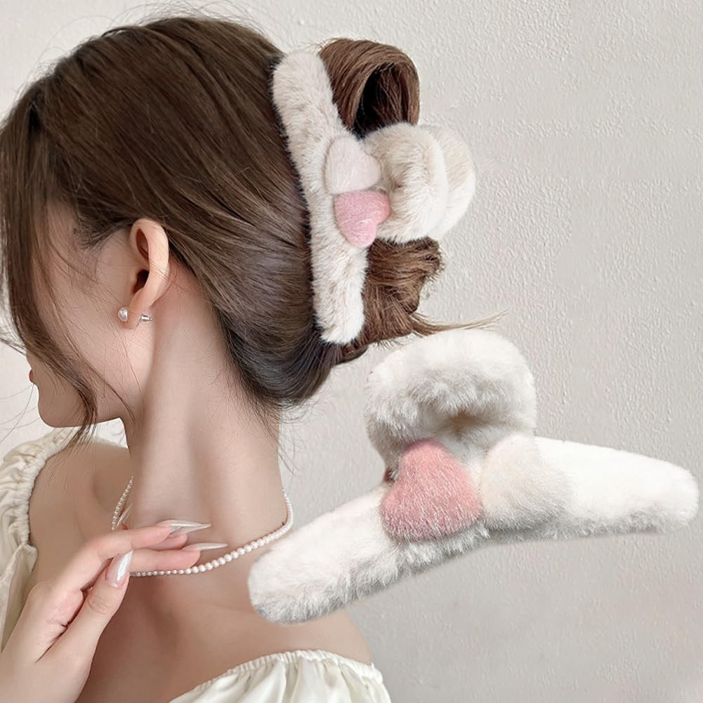 Cutitiuu 2 PCS Large Faux Fur Hair Claw Clip,Plush Heart-Shaped Grabber,Plush Hair Clips Fluffy Grab Clips Large Furry Shark Clips, Fluffy Fleece Catch Barrette Jaw Clamp (White + Pink) image number 1