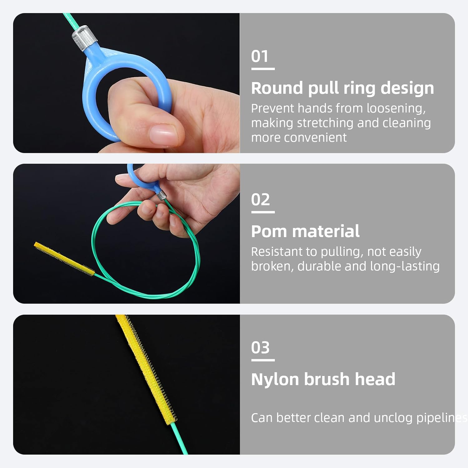 50 Inch Sink Snake Hair Drain Clog Remover - 3Pcs Anti-Break Steel Snake Drain Hair Removal Tool, Flexible Drain Cleaner Tool for Bathroom/Bathtub, Shower Drain Clog Remover with Hair Catcher image number 5