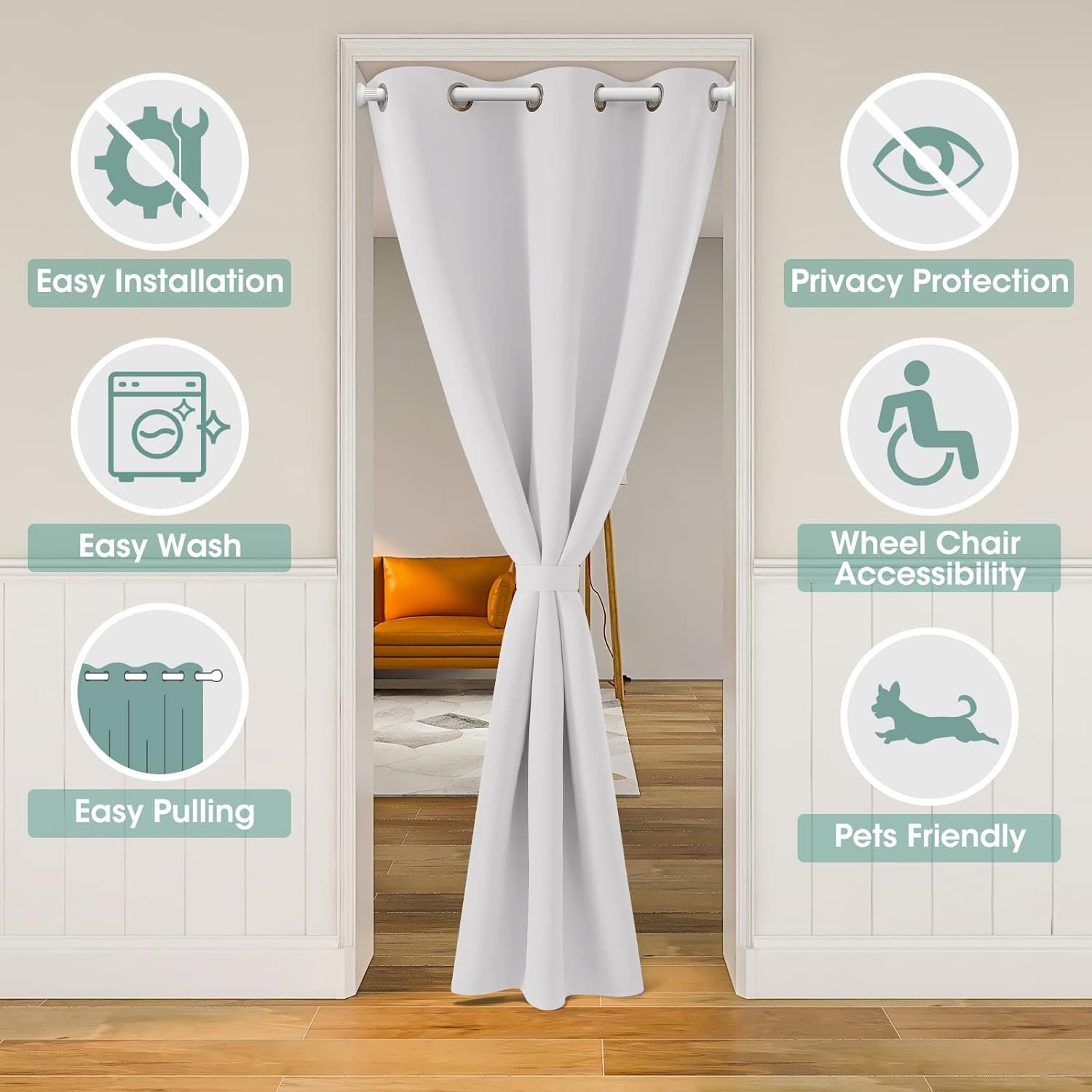 HOMEIDEAS Greyish White Doorway Curtains Privacy, Grommet Closet Curtain for Bedroom, 80 Inches Length Solid Blackout Door Cover Curtains, Tie Back Insulated Window Curtain Drape, 1 Panel