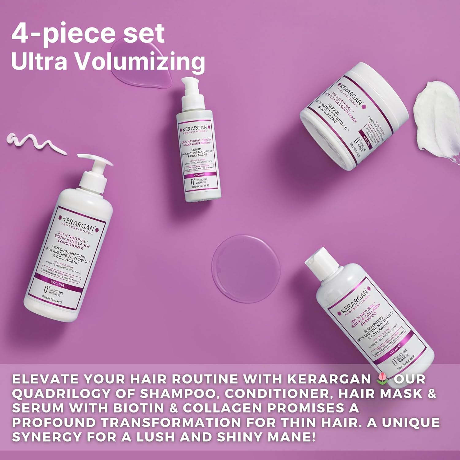 Kerargan - Shampoo, Conditioner, Mask and Serum with Biotin and Collagen to Give Your Hair Strength and Vitality - for Damaged Hair - No Sulphate, Parabens, Silicone - 500 Ml image number 4