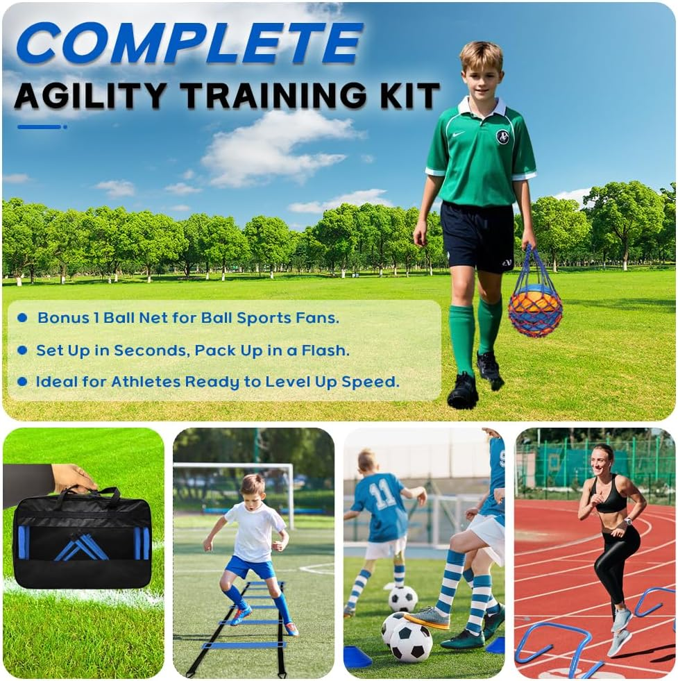 30PCS Agility Training Equipment Kit, Football Training Equipment, Speed Training Set for Kid Youth Adults,6M Agility Ladder,4 Hurdles,12 Soccer Cones,Resistance Parachute,Ball Net(Blue) image number 7