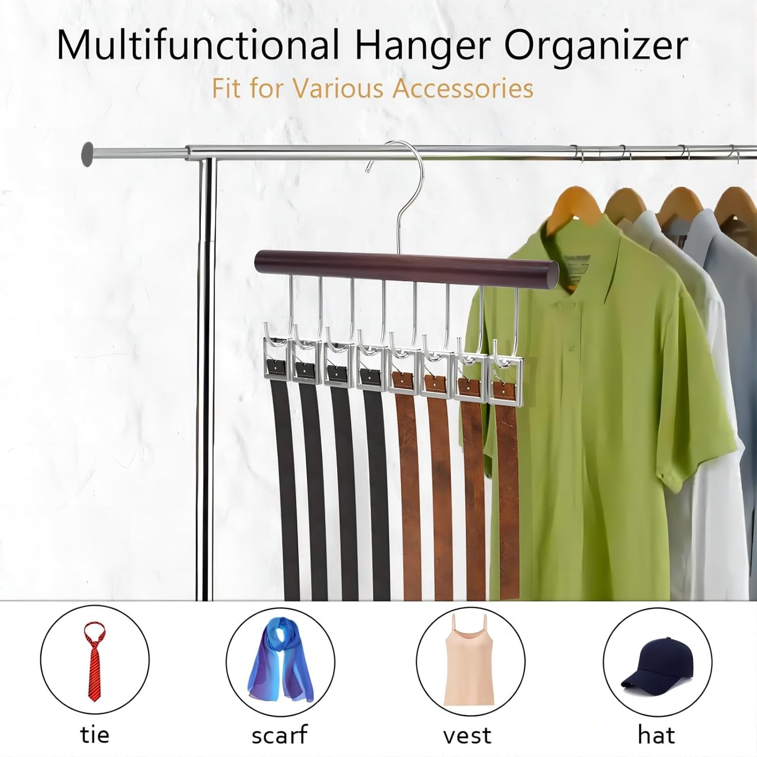 CENZICOM 8 Hooks Belt Hanger for Closet, Wood Tie Rack Hanging Holder 360&deg; Rotating Closet Storage Organizer Space Saving for Tie, Tank Top, Scarf, Necklace (Retro Color)