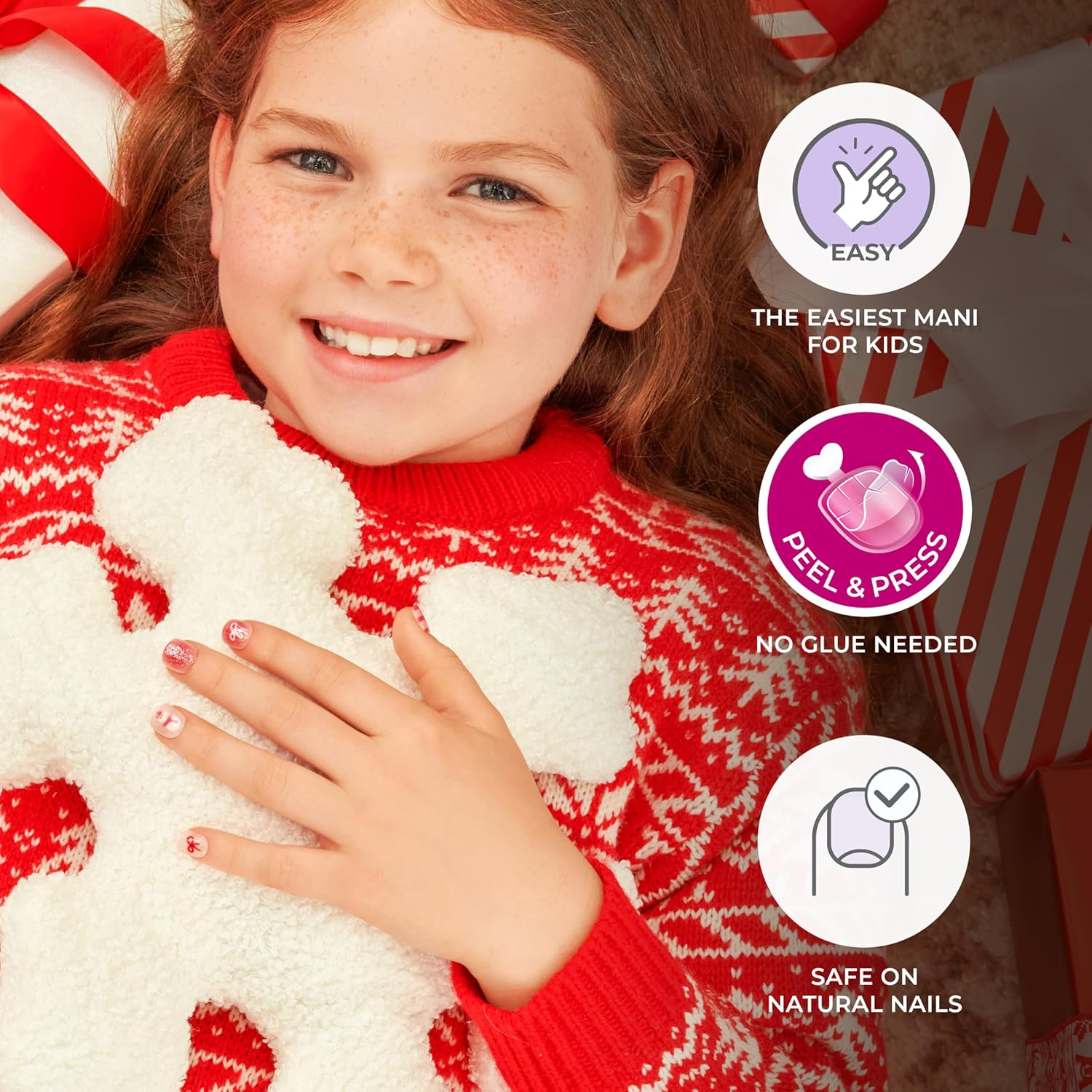 KISS Impress Mini Holiday Press on Nails for Kids, &lsquo;Snow Angel&rsquo;, Red, Child Size, Squoval Shaped, Mess-Free, Mom Approved, Non-Toxic, Breakaway Application Tabs, Nail File, 20 Fake Nails image number 1