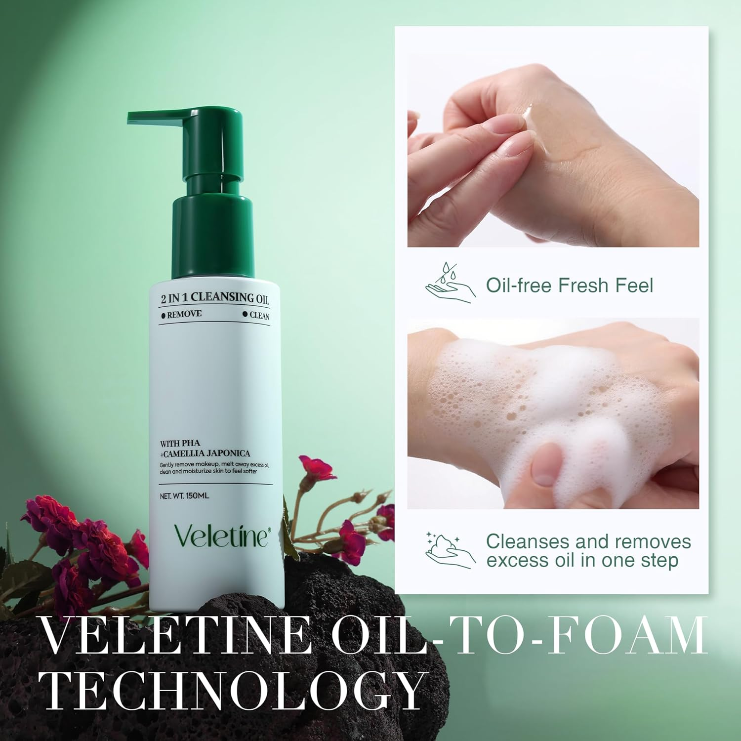 Veletine 2 in 1 Face Make up Cleasing Oil,Gently Remove Makeup,Melt Away Excess Oil,Clean and Moisturize Skin to Feel Softer,With Camellia Japonica,Suitable for All Skin Types.150Ml image number 4