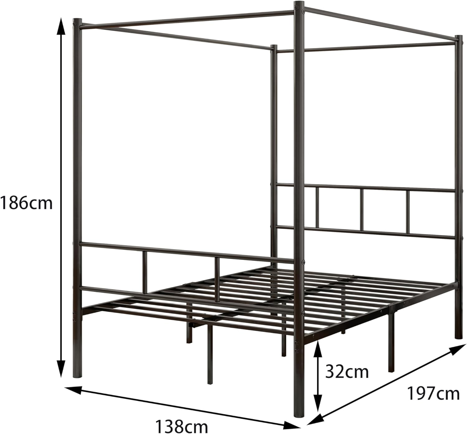 Diolong Patricia Double Bed Frame Canopy Four Poster Bed with Metal Slats/Mattress Platform with under Bed Storage/Bedroom Furniture/Black