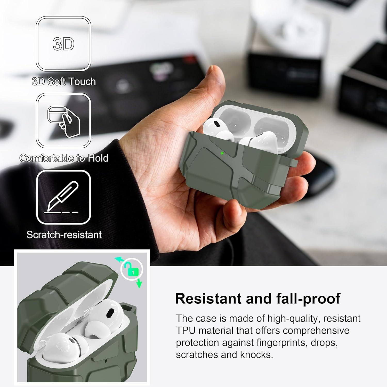 R-Fun for Airpods Pro 2 Case, Shockproof Silicone Protective Case, Compatible with Airpods Pro 2Nd Generation, with Hard Shell Design & Scratch Protection, Front LED Visible with Carabiner,Green image number 6