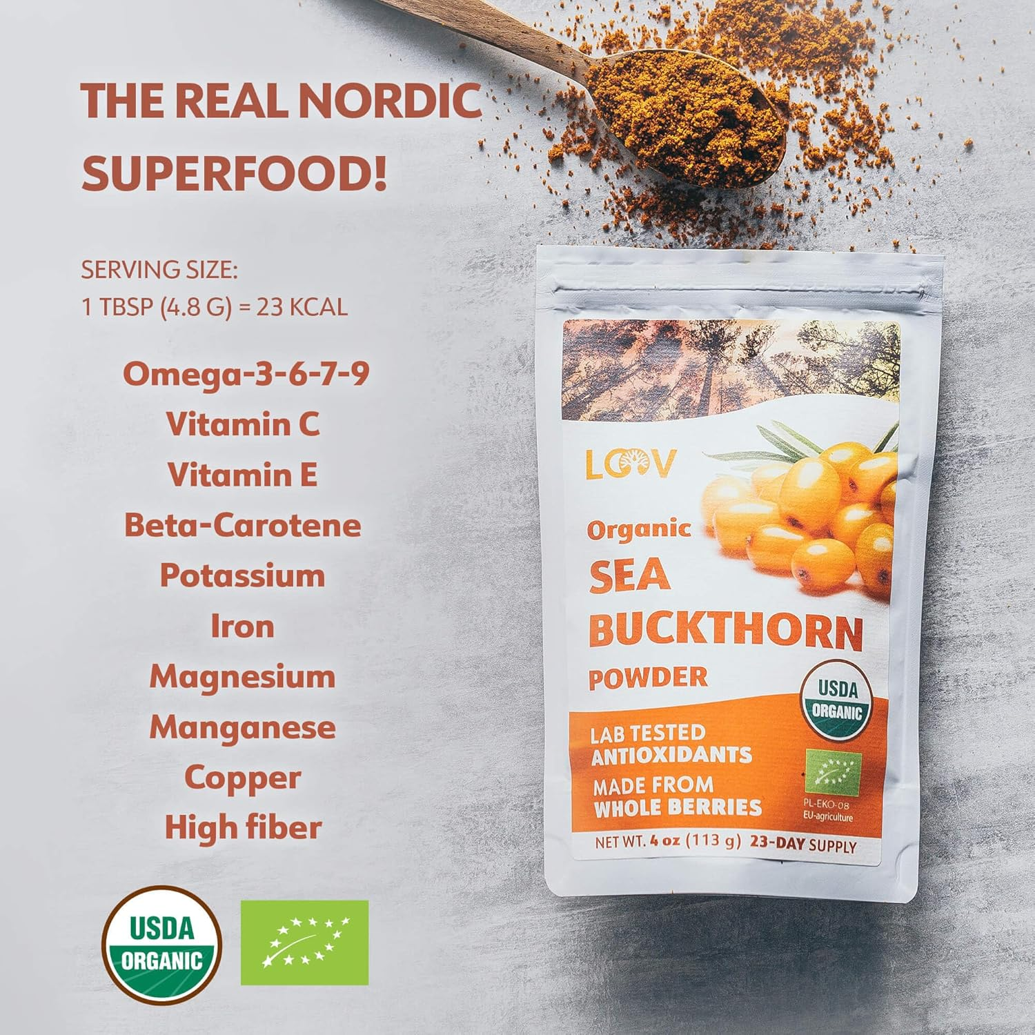 LOOV Organic Sea Buckthorn Powder, High in Fiber, Made from 100% Whole Berries, 4 Ounces, Grown in Nordic Climate, Rich in Omega Blend, Vitamin C, Vitamin E, 23-Day Supply, No Added Sugar, Non-Gmo image number 5