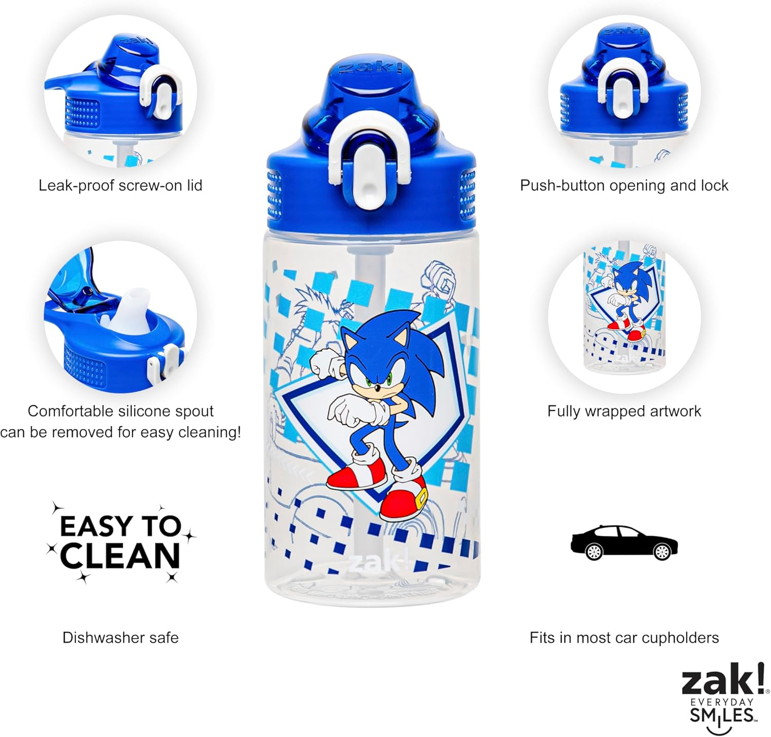 Zak Designs Sage Sonic the Hedgehog Water Bottle for School or Travel, 16Oz Durable Plastic Water Bottle with Straw, Handle, and Leak-Proof, Pop-Up Spout Cover (Sonic, Eggman) image number 4