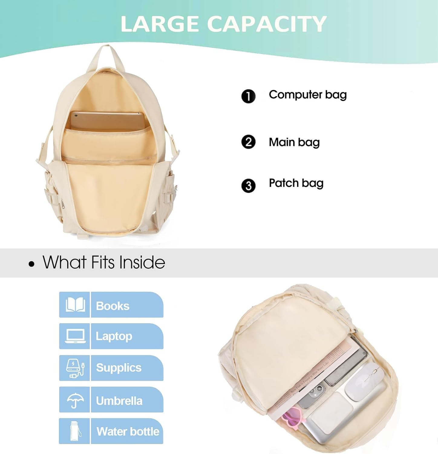 PRLINJSK Kawaii Backpack for Teen Girls, Cute Aesthetic High Middle School College Bookbag with Accessories - Black White image number 3