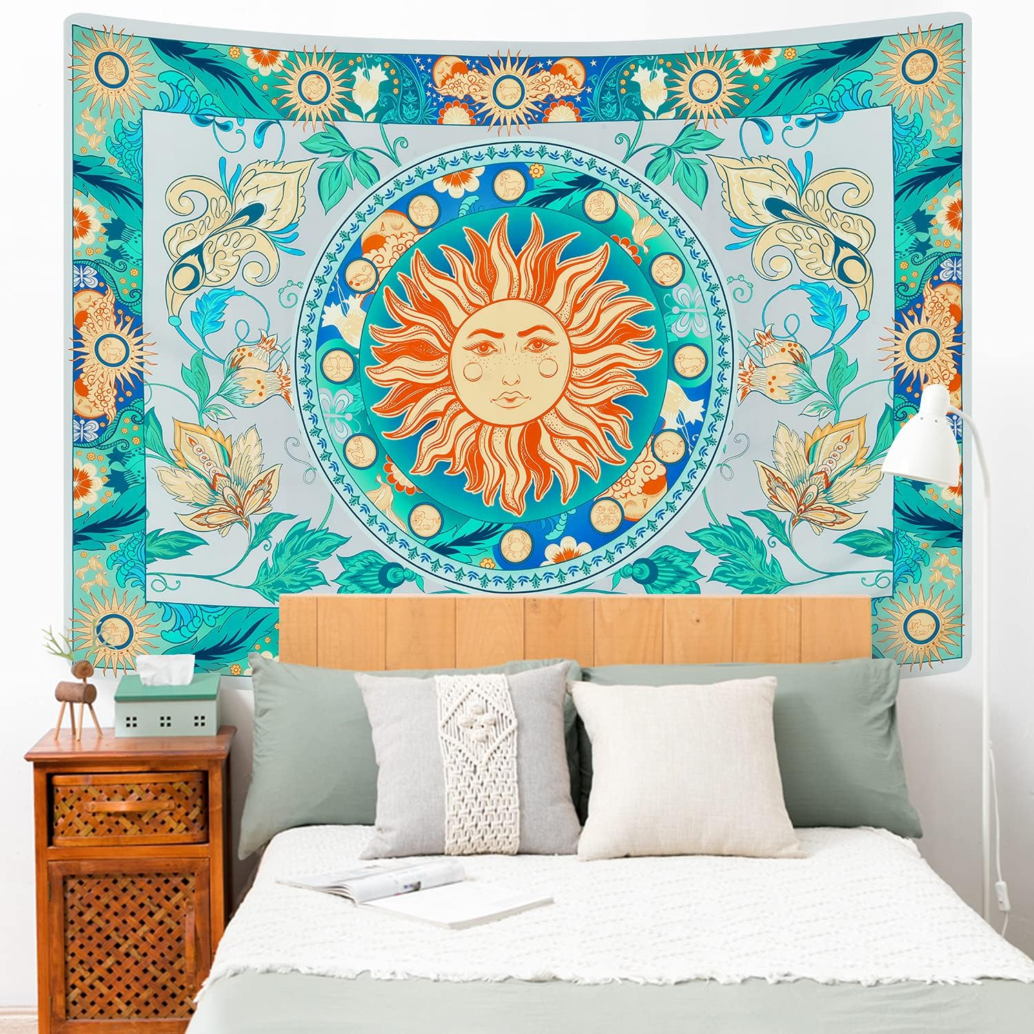 Lyacmy Burning Sun Tapestry with Flower Vines - Vintage Floral Mystic Hippie Wall Hanging for Room (Pale Cerulean, 51.2 X 59.1 Inches) image number 7
