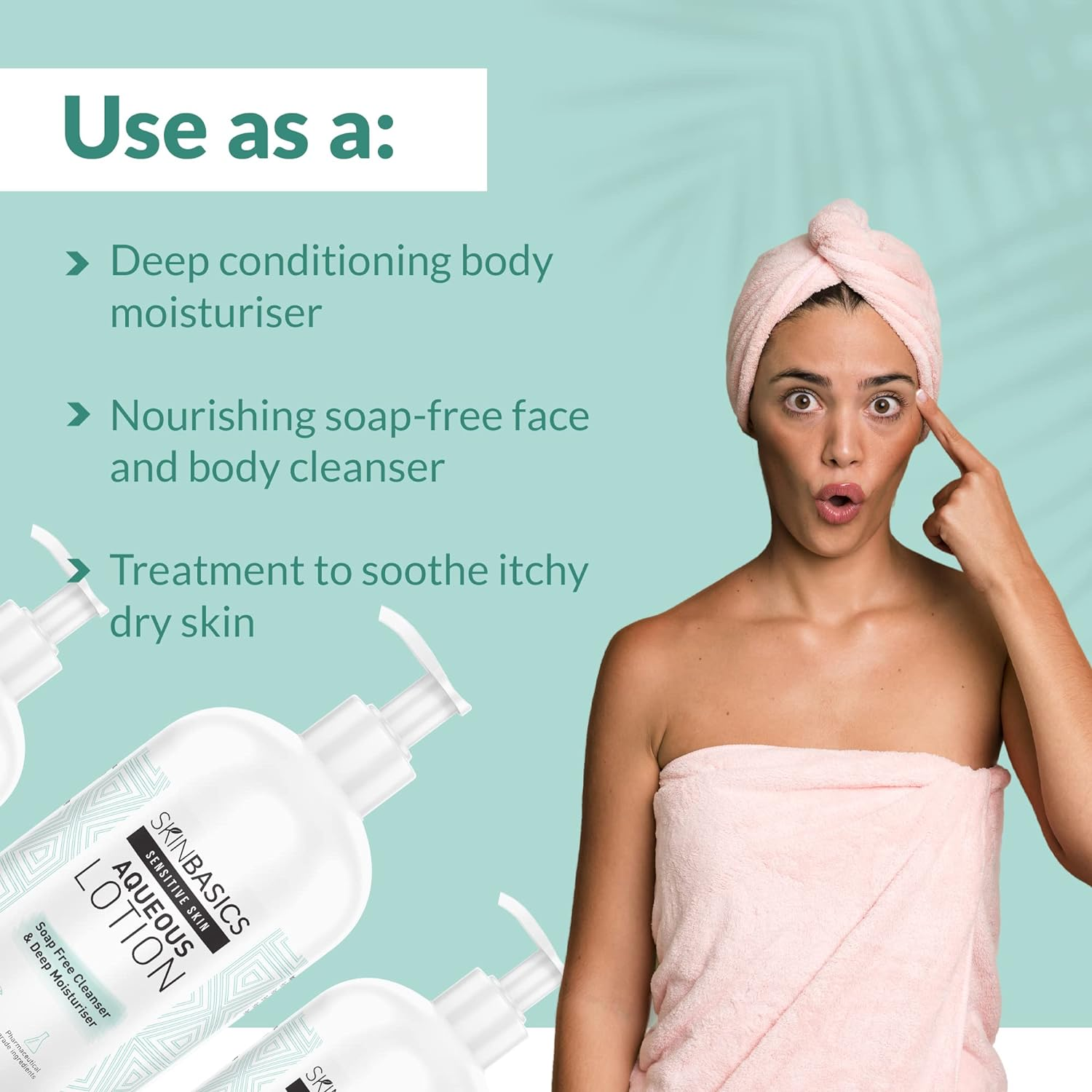 SKIN BASICS Aqueous Lotion Pump (500Ml) - Gentle Soap Free Cleanser Wash - Clinically Tested, Non-Irritating, Hypoallergenic Deep Moisturiser for Dry & Sensitive Skin image number 2