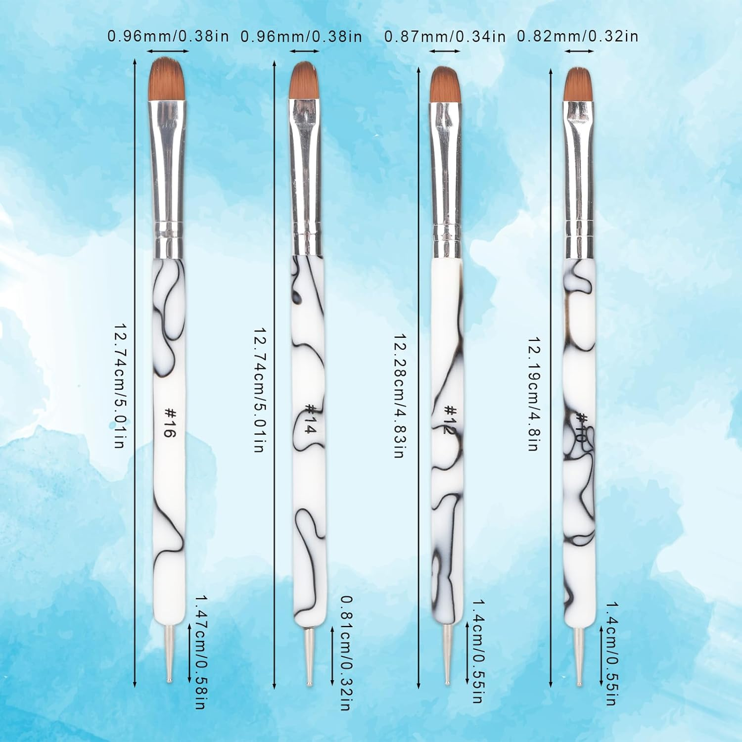 8Pcs French Nail Brushes with Dotting Tool, Dual Ended Gel Acrylic Manicure Brushes for Detailed Clean up Nail Designs (10# 12# 14# 16#, Black and White)