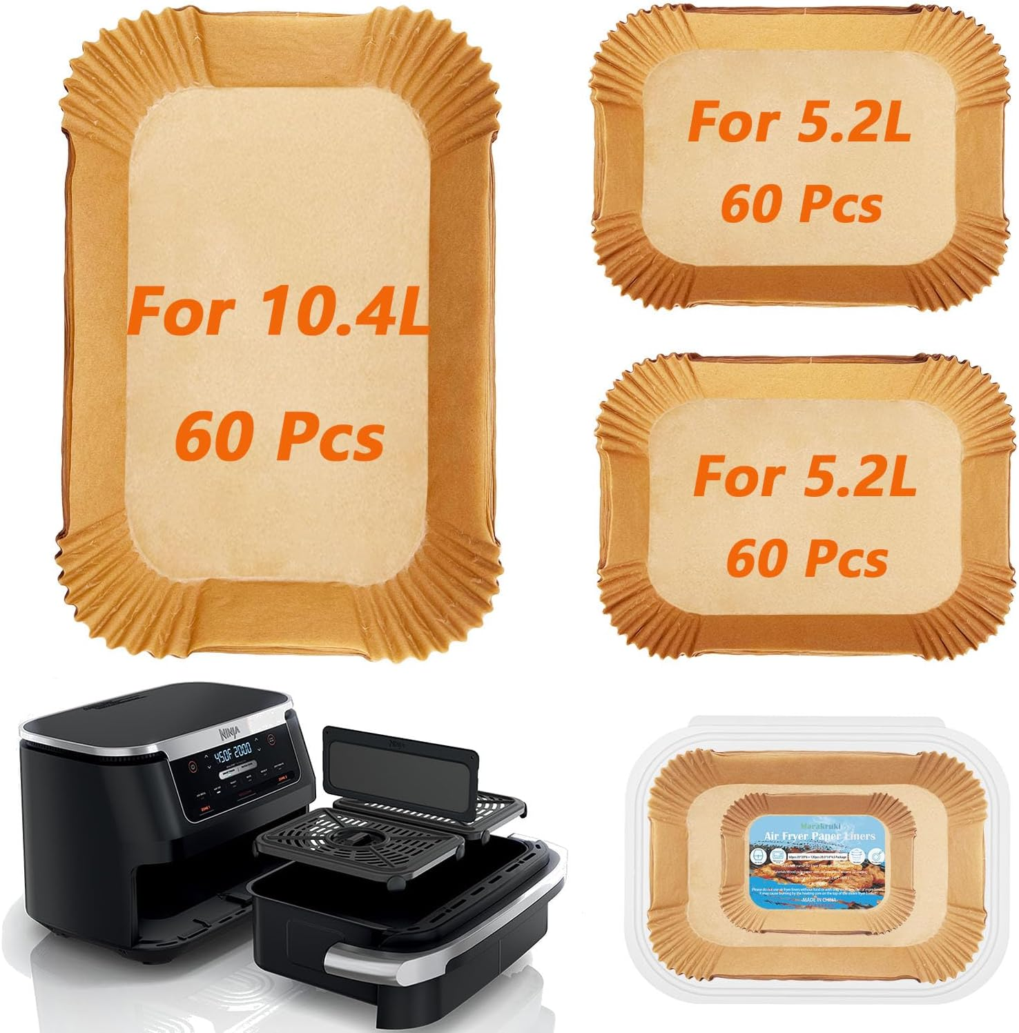 Marakruki 180Pcs Air Fryer Liners for Ninja AF500 XXXL Air Fryer, 10.4L Ninja Flexdrawer Paper Liners,120 Pcs Liners for Dual 5.2L Baskets +60 Pcs Liner for 10.4L Megazone Basket image number 3