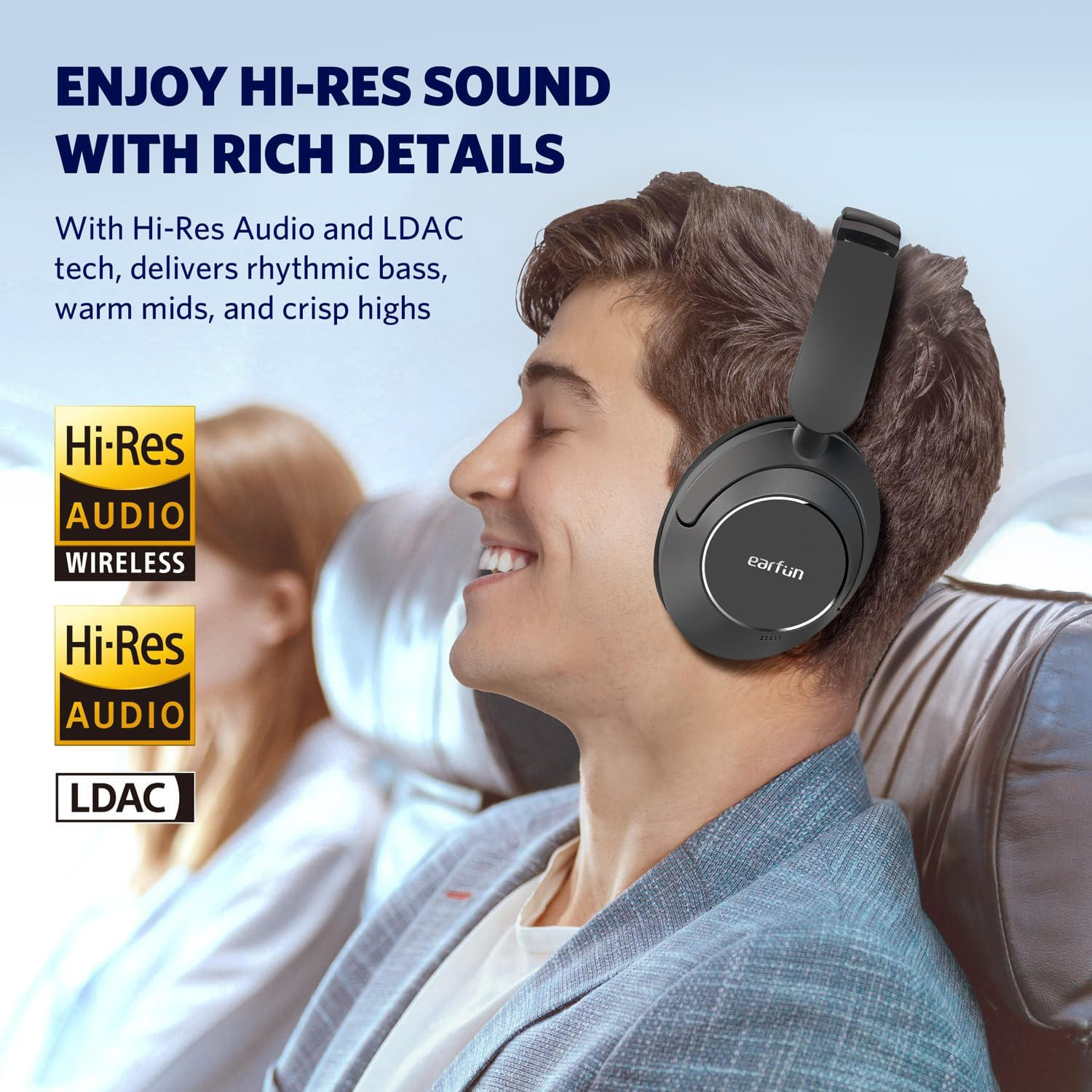 Earfun Wave Pro Active Noise Canceling Headphones, over Ear Headphones Wireless Headphones, LDAC Hi-Res Sound Bluetooth Headphones, 5 Mics AI Clear Call, 80H Playtime, Multipoint Connection, Custom EQ