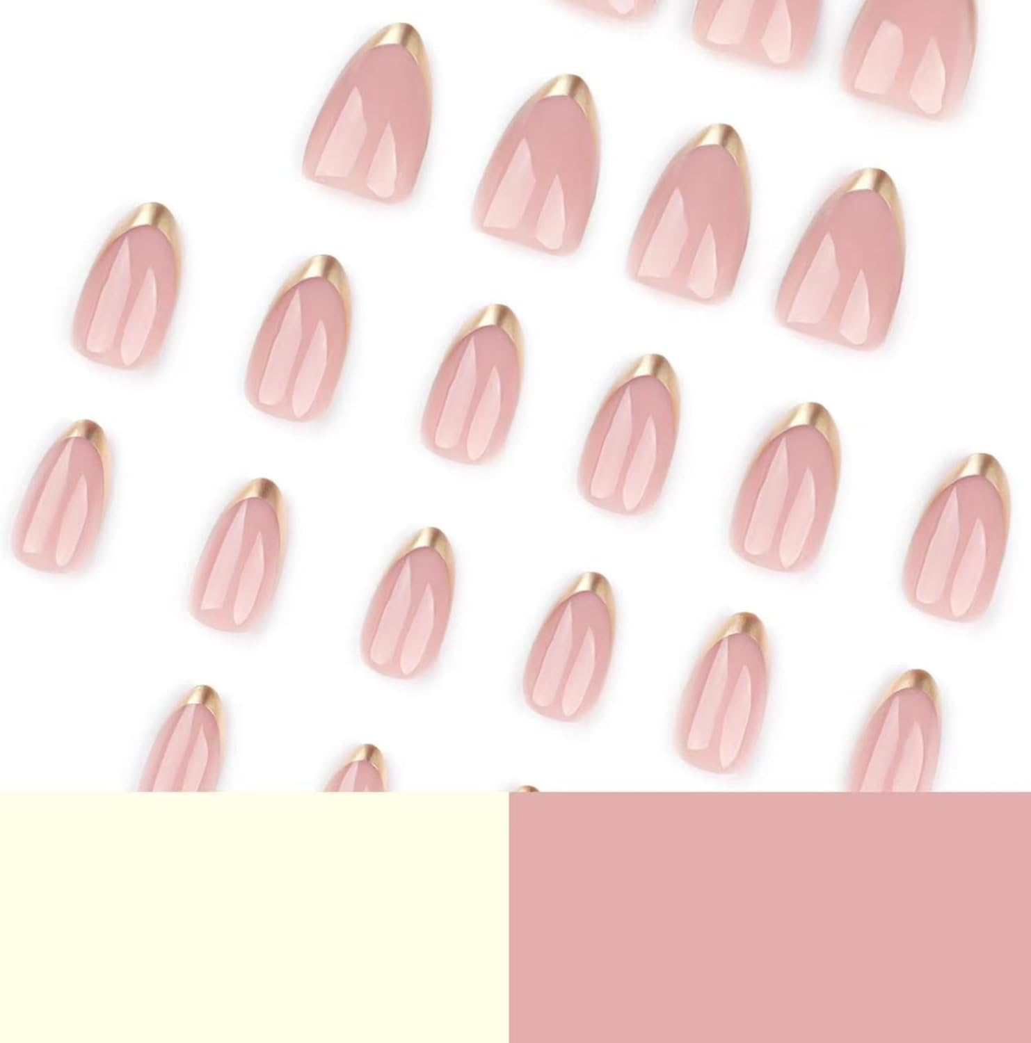 KAVI' S 24 Pcs Almond Stick on Nails, Glitter Pink Press on Nails Short Length, Stiletto Acrylic Gold Tip Fake Nails with Jelly Adhesive Tabs for Women Girls Nails Art image number 4